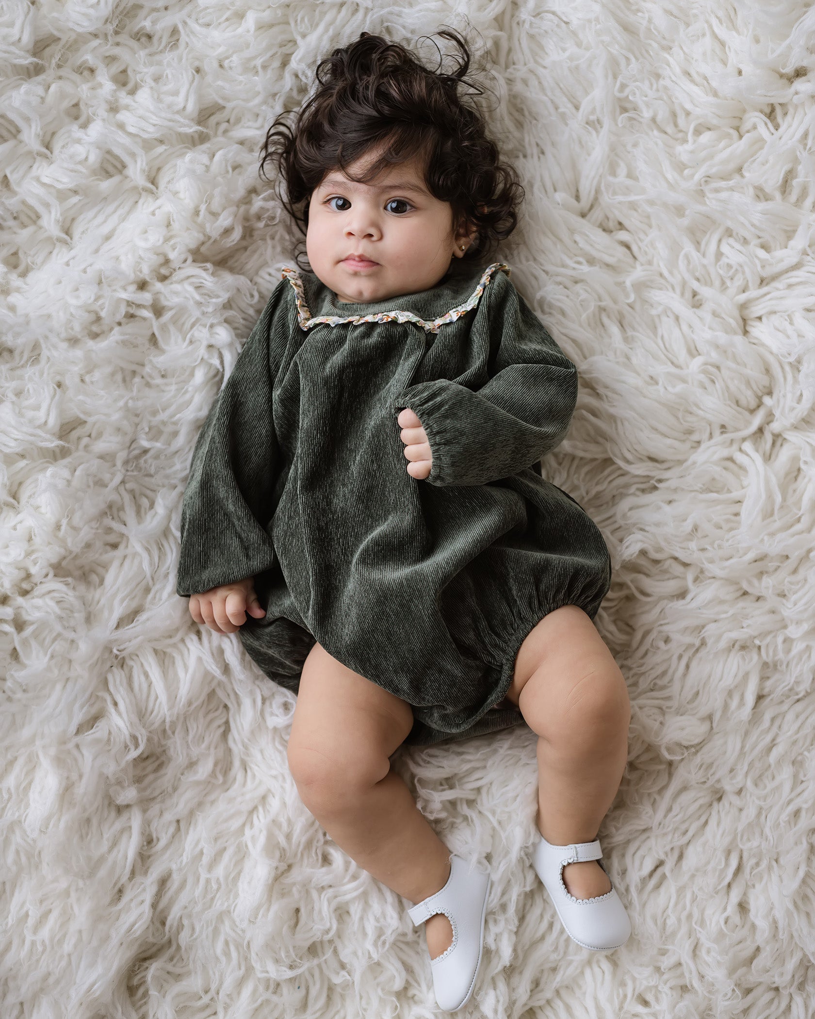 Soft and durable Forest Green Corduroy Baby Girl Bubble, perfect for autumn and winter by Cuclie