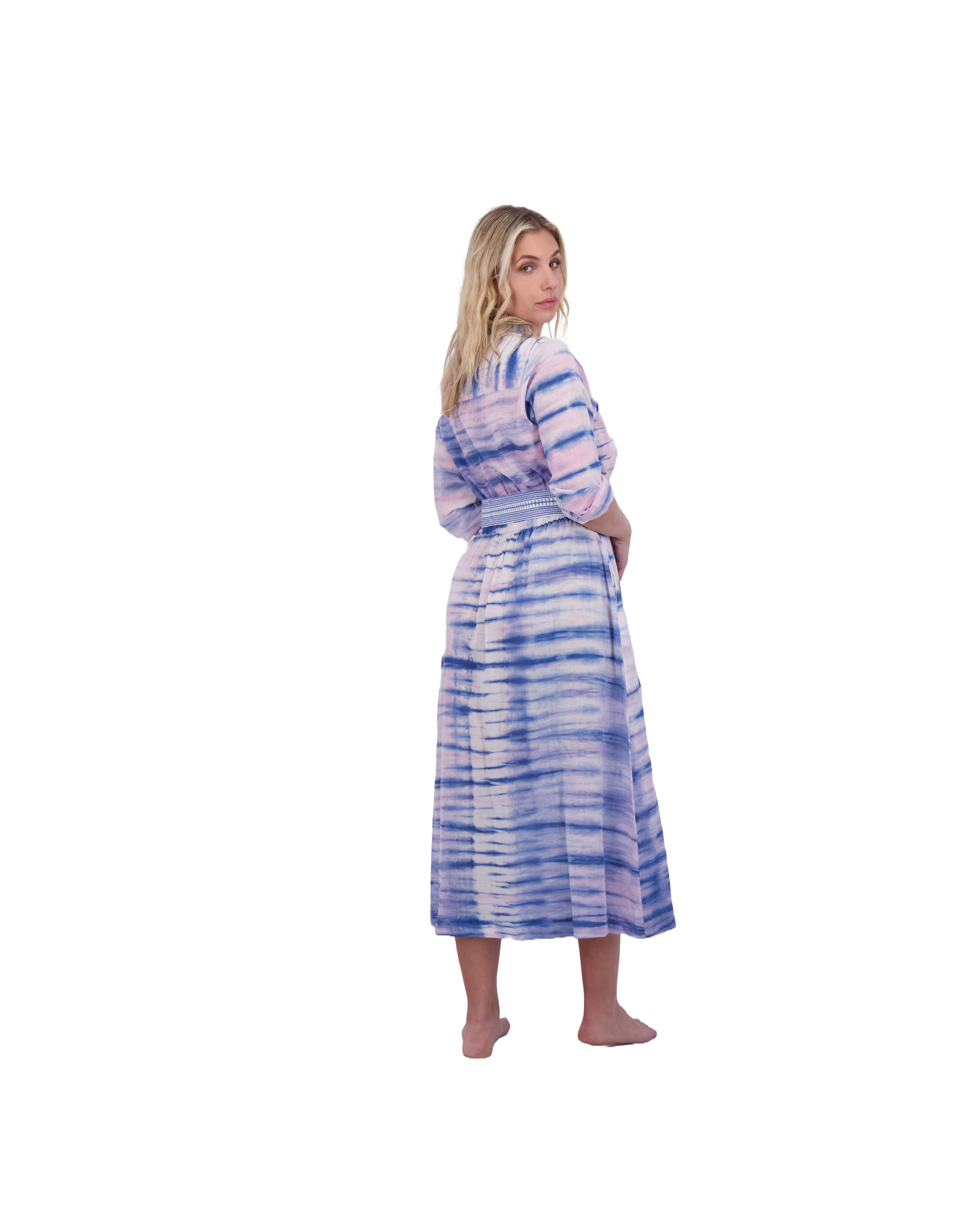 Anais Women's Button Front Shirtdress Rose Lapis Blue Shibori
