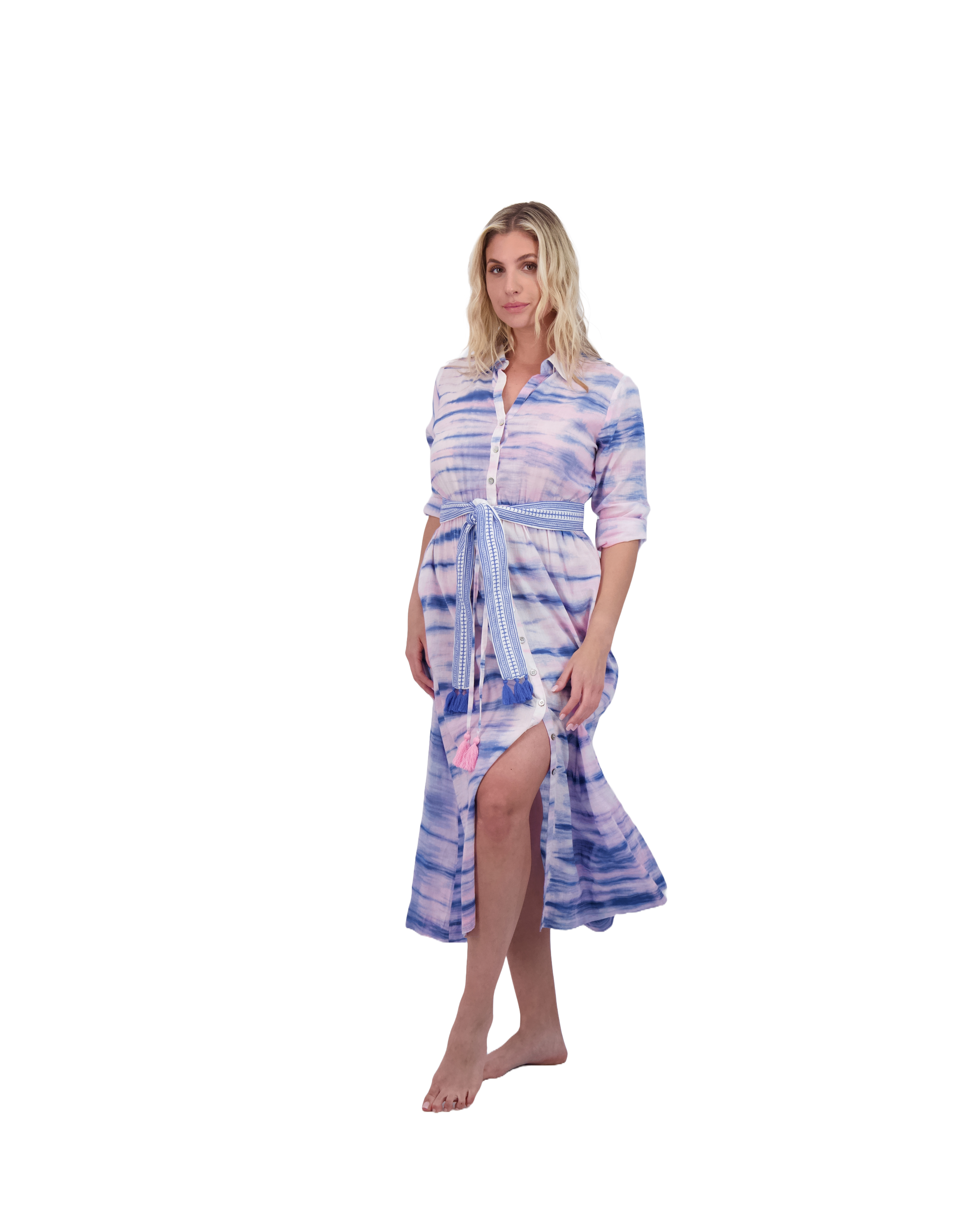 Anais Women's Button Front Shirtdress Rose Lapis Blue Shibori