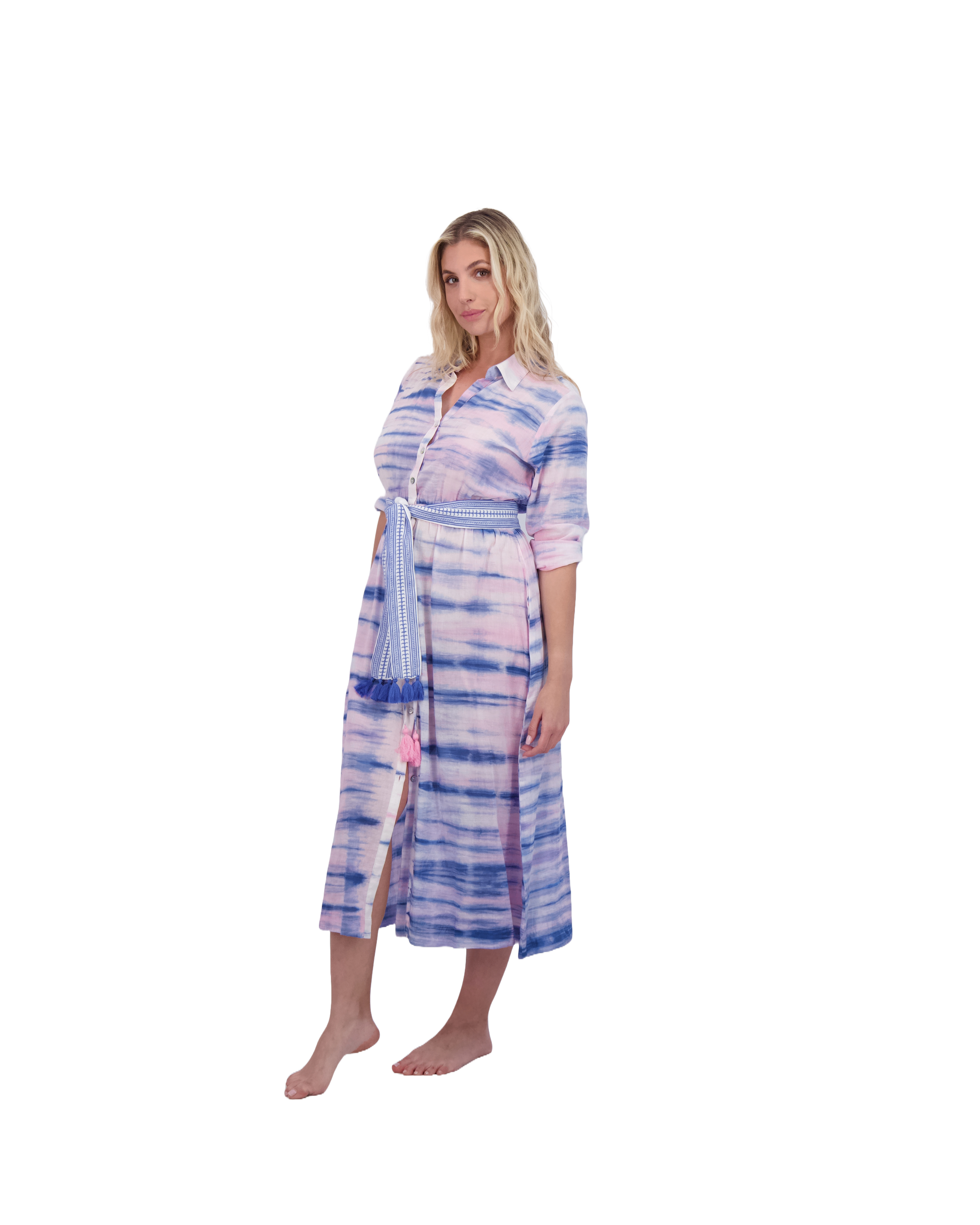 Anais Women's Button Front Shirtdress Rose Lapis Blue Shibori