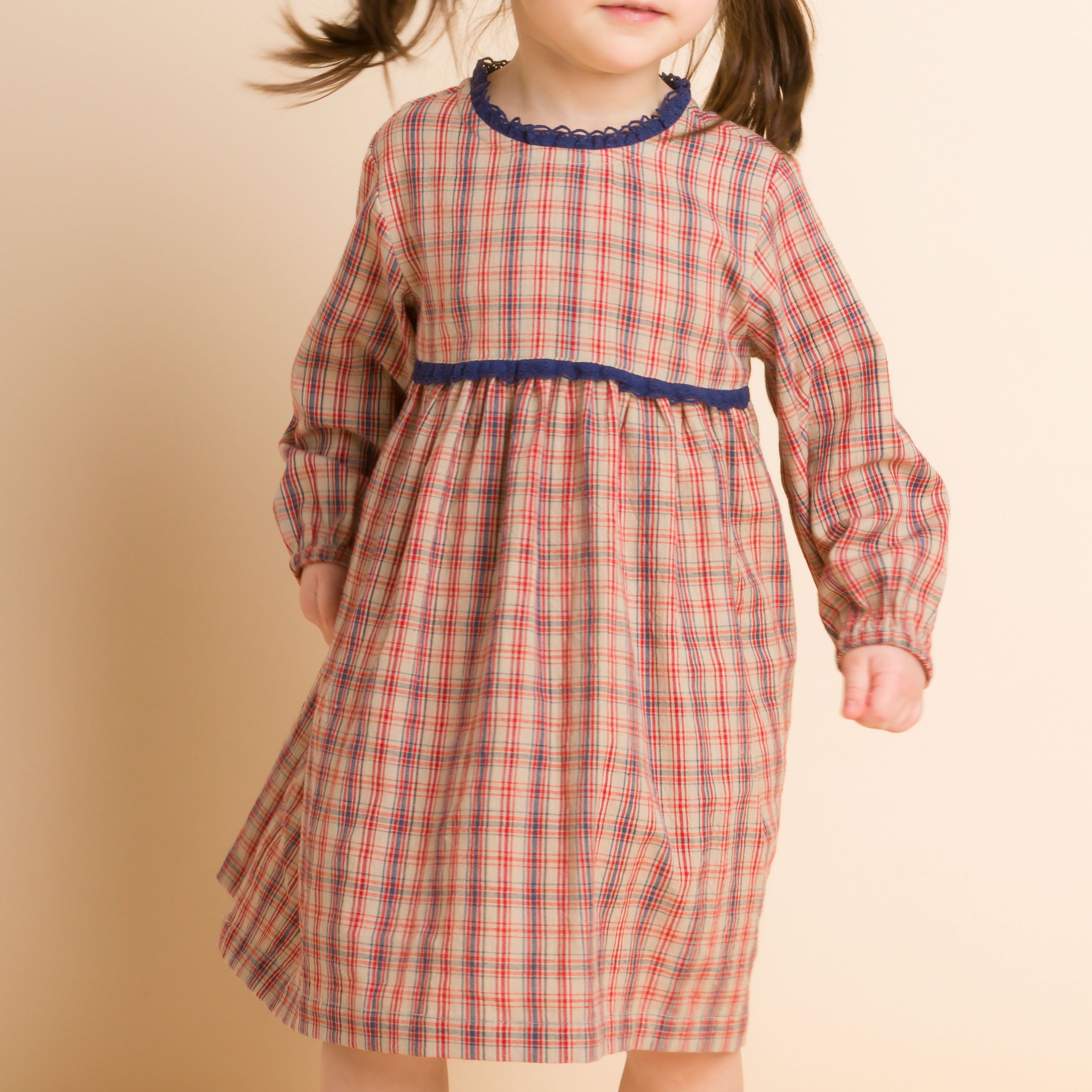 Toddler Long Sleeves Dress with Lace Trim | Red and Blue Check