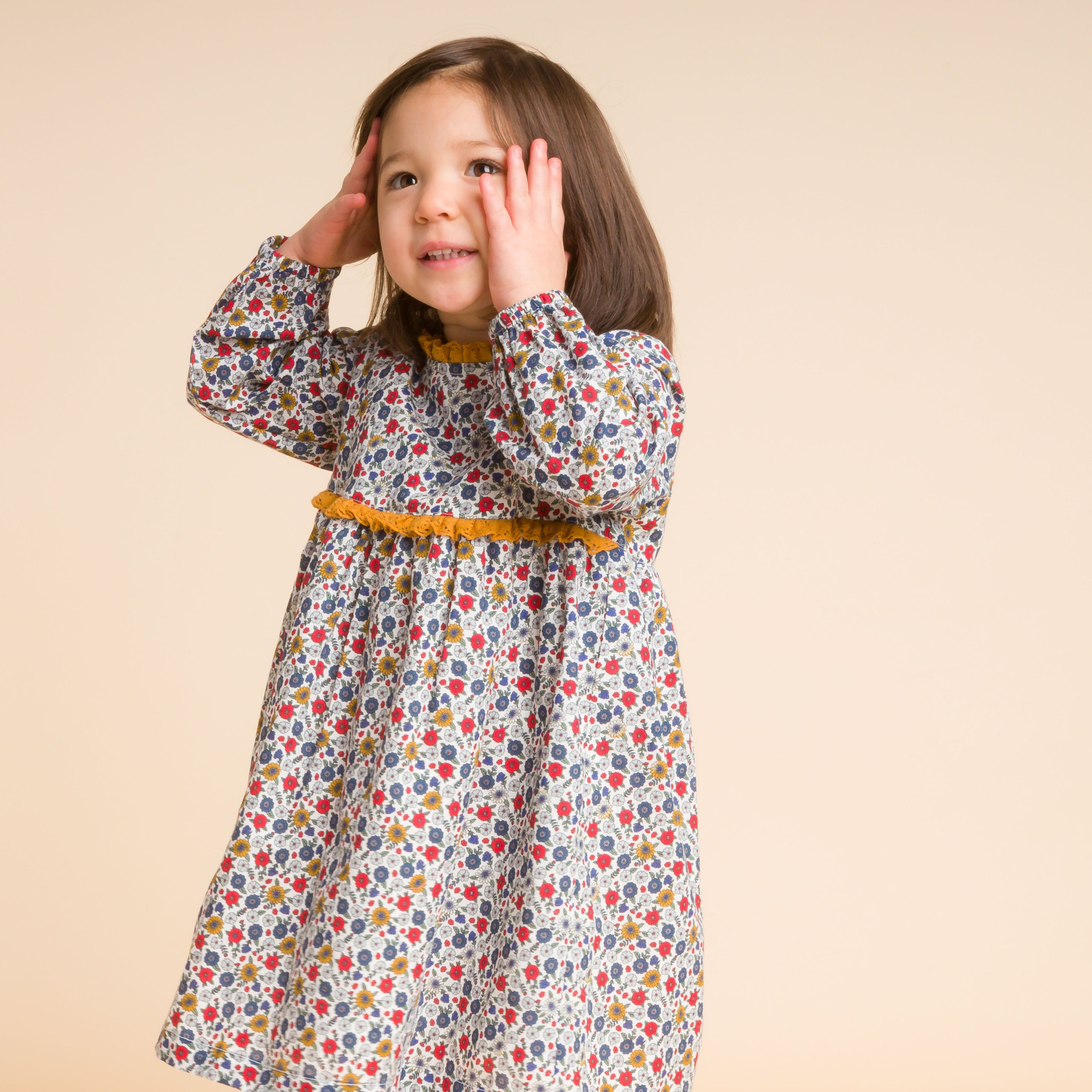 Toddler Long Sleeves Dress with Lace Trim | Mustard and Blue Floral