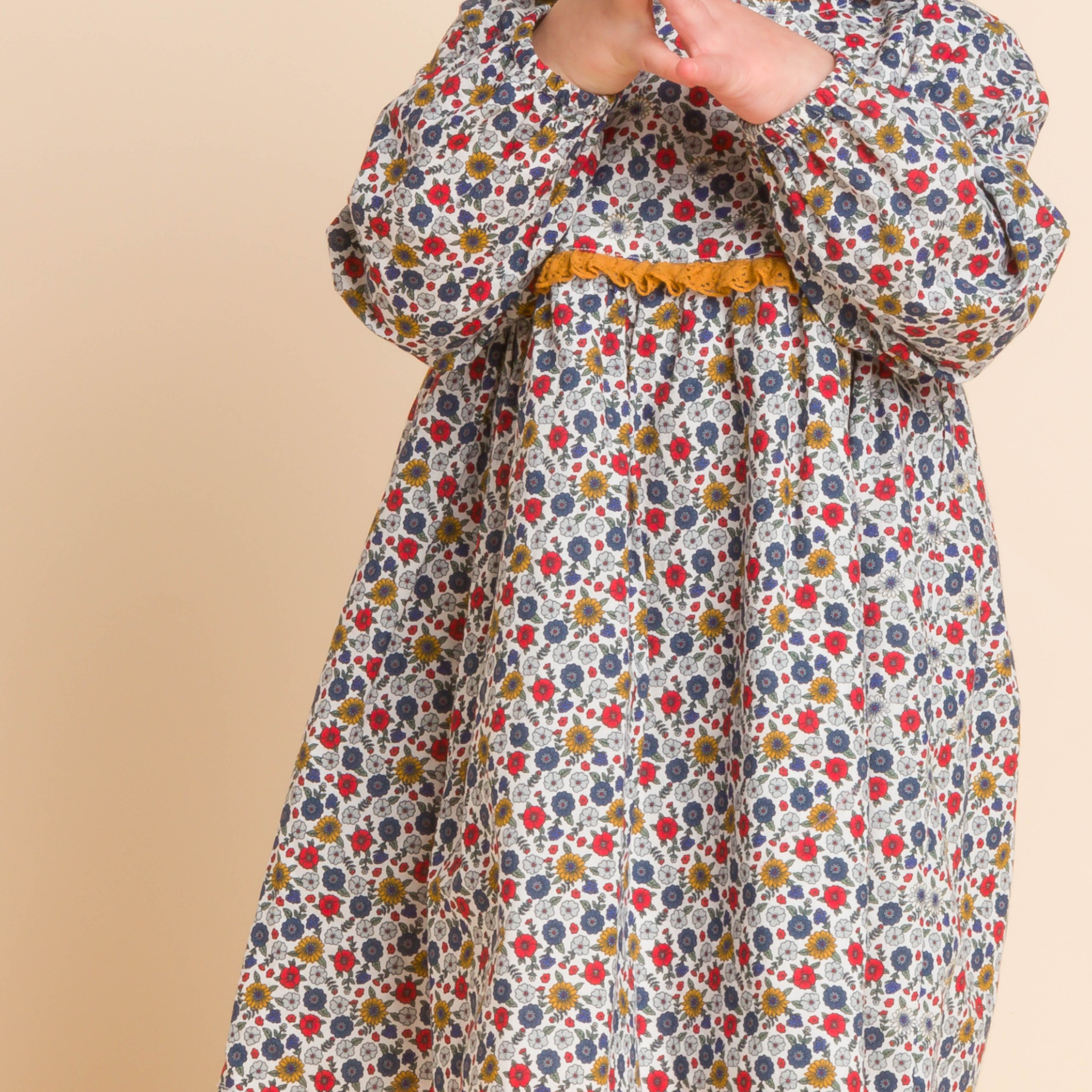 Toddler Long Sleeves Dress with Lace Trim | Mustard and Blue Floral