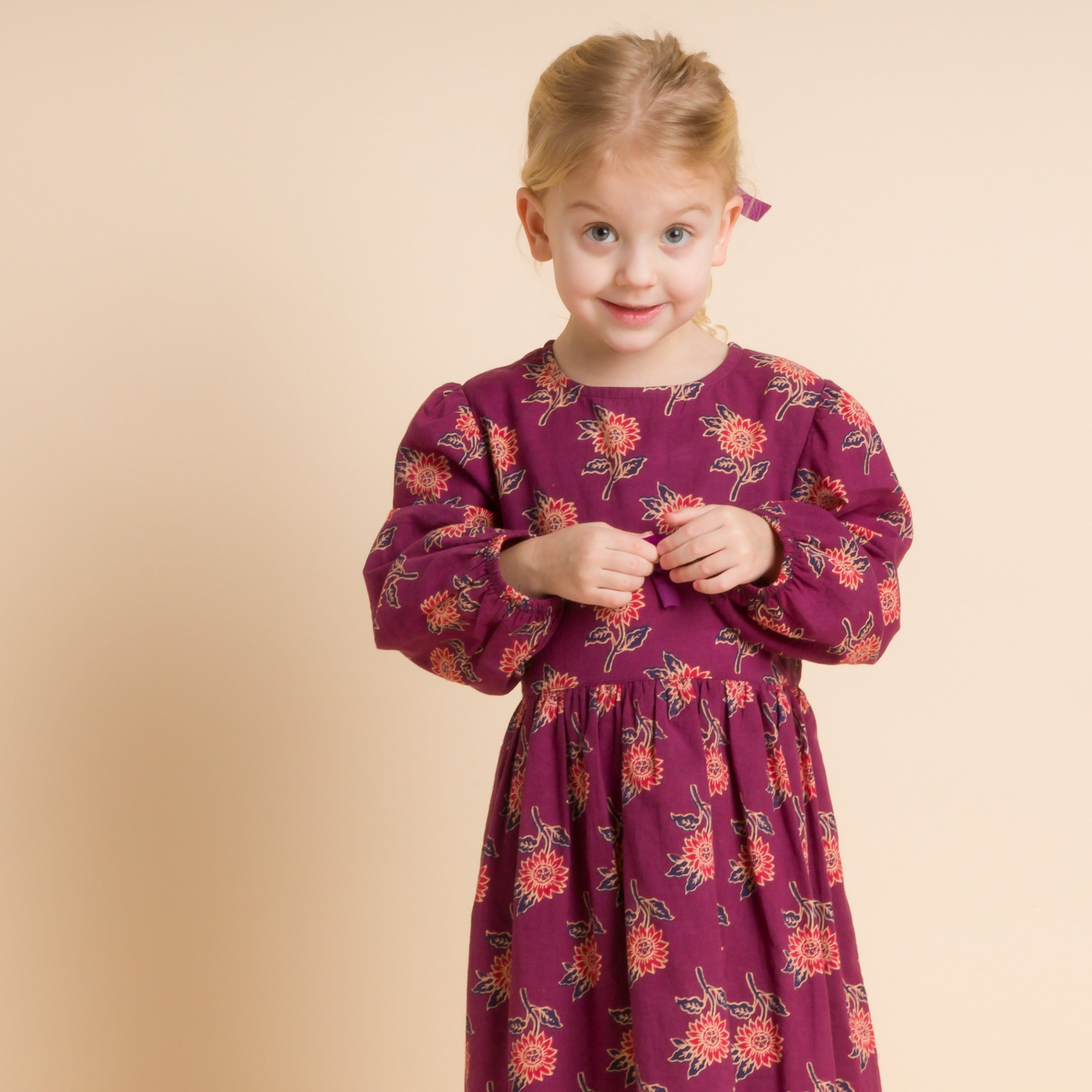 Girls' Long Sleeve Dress with Floral Motif | Purple & Red