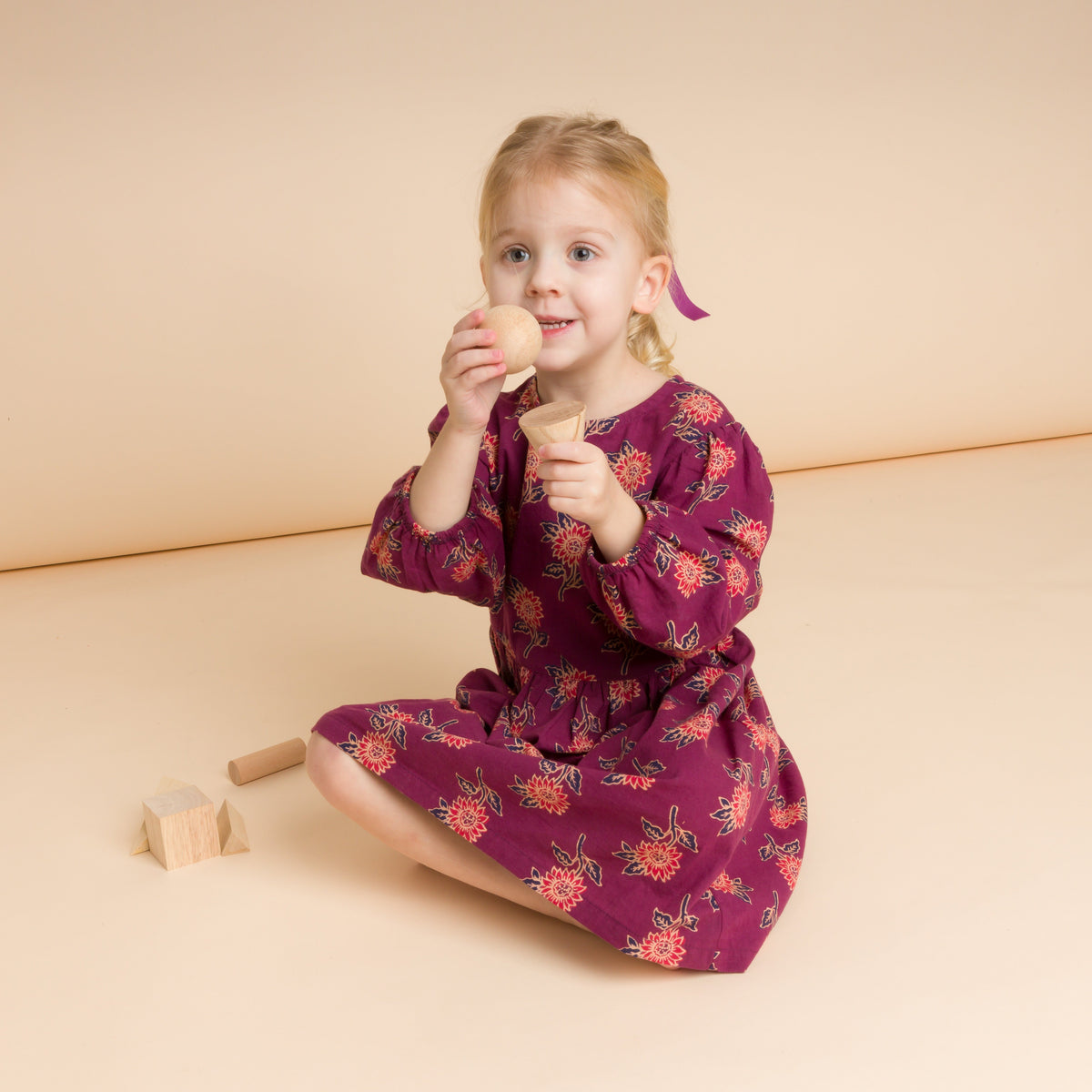 Girls' Long Sleeve Dress with Floral Motif | Purple & Red