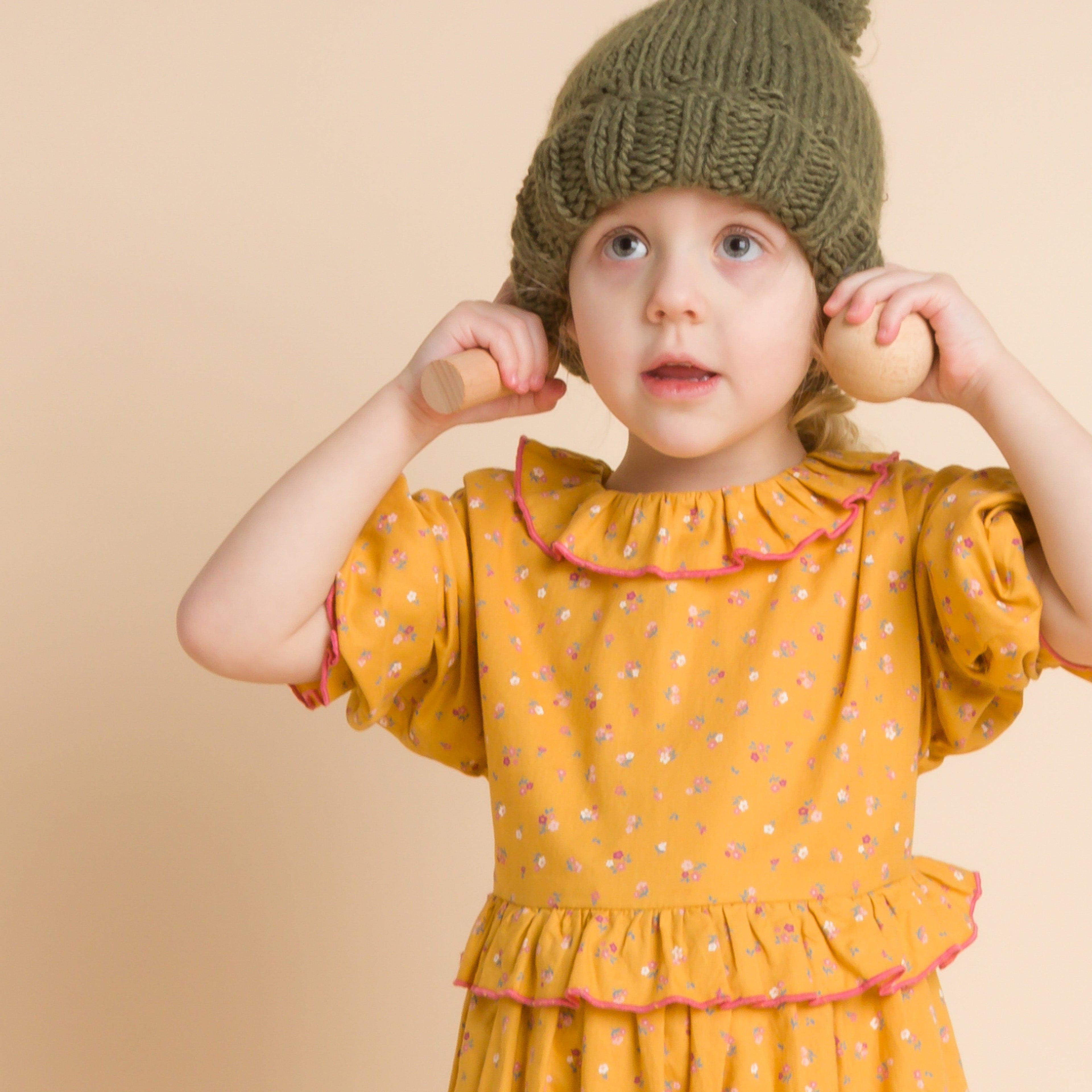 Girls' Ruffle Collar Long Sleeve Dress | Mustard and Pink