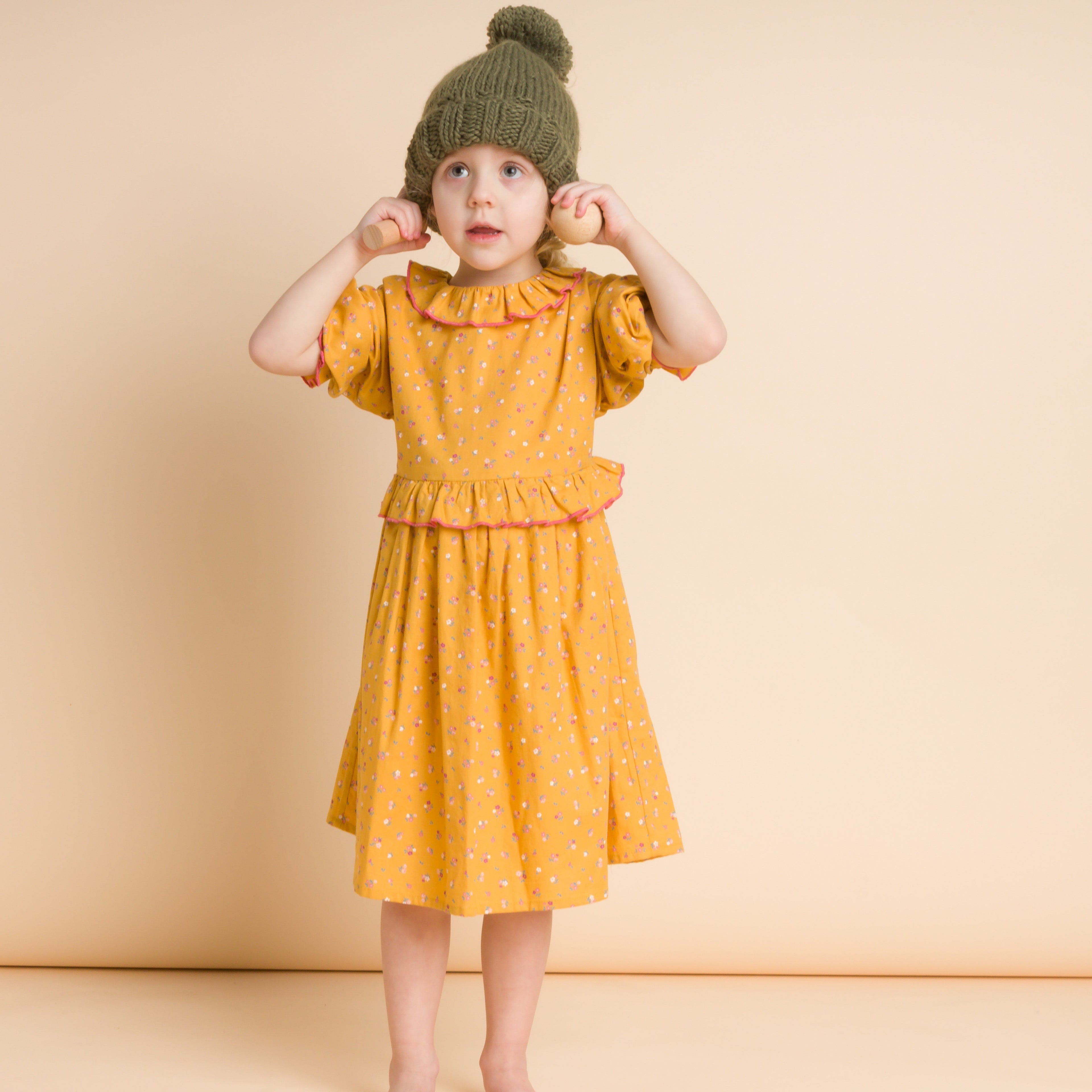 Girls' Ruffle Collar Long Sleeve Dress | Mustard and Pink
