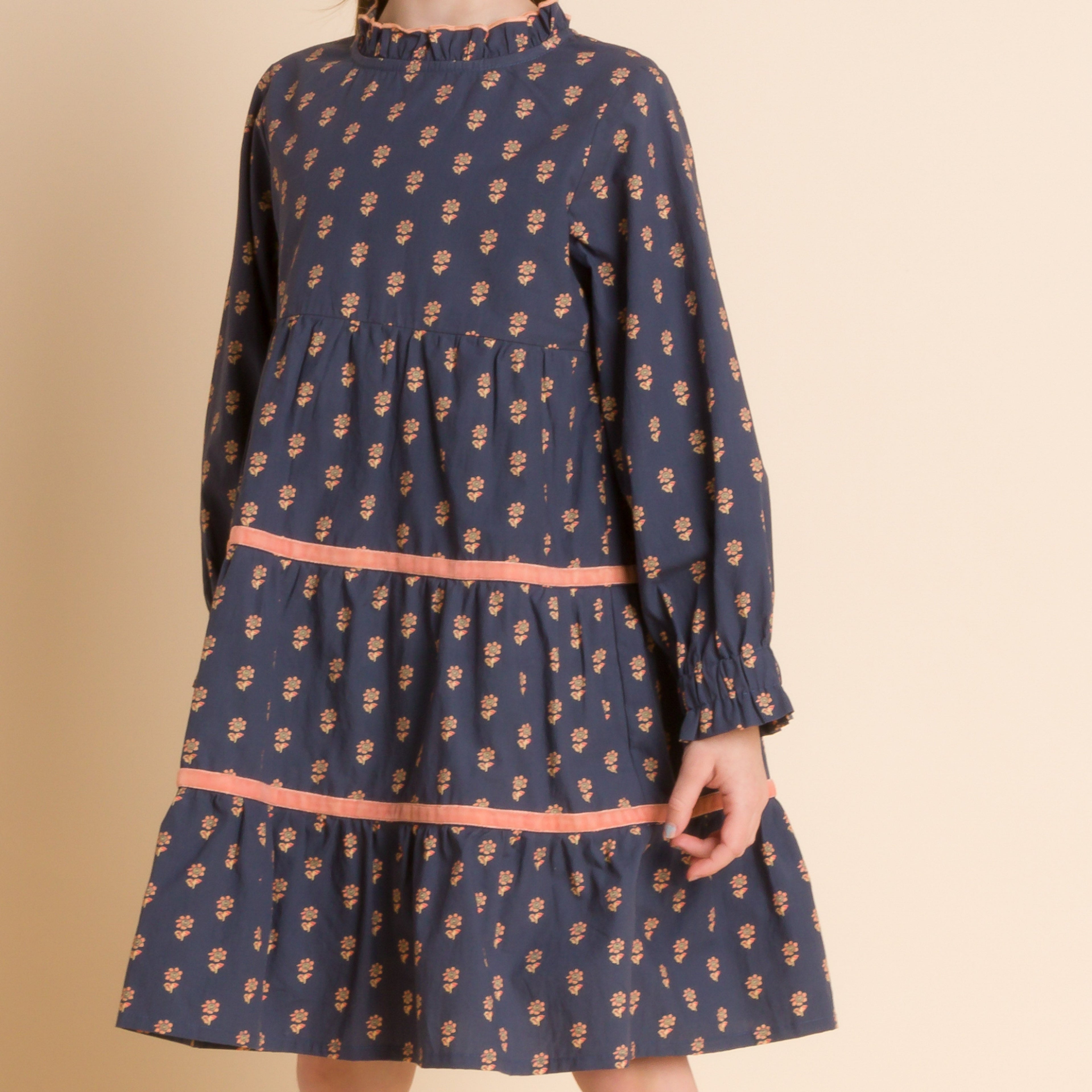 Girls' Long Sleeves Tiered Skirt Dress with Velvet Trim | Orange Floral