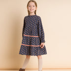 Girls' Long Sleeves Tiered Skirt Dress with Velvet Trim | Orange Floral
