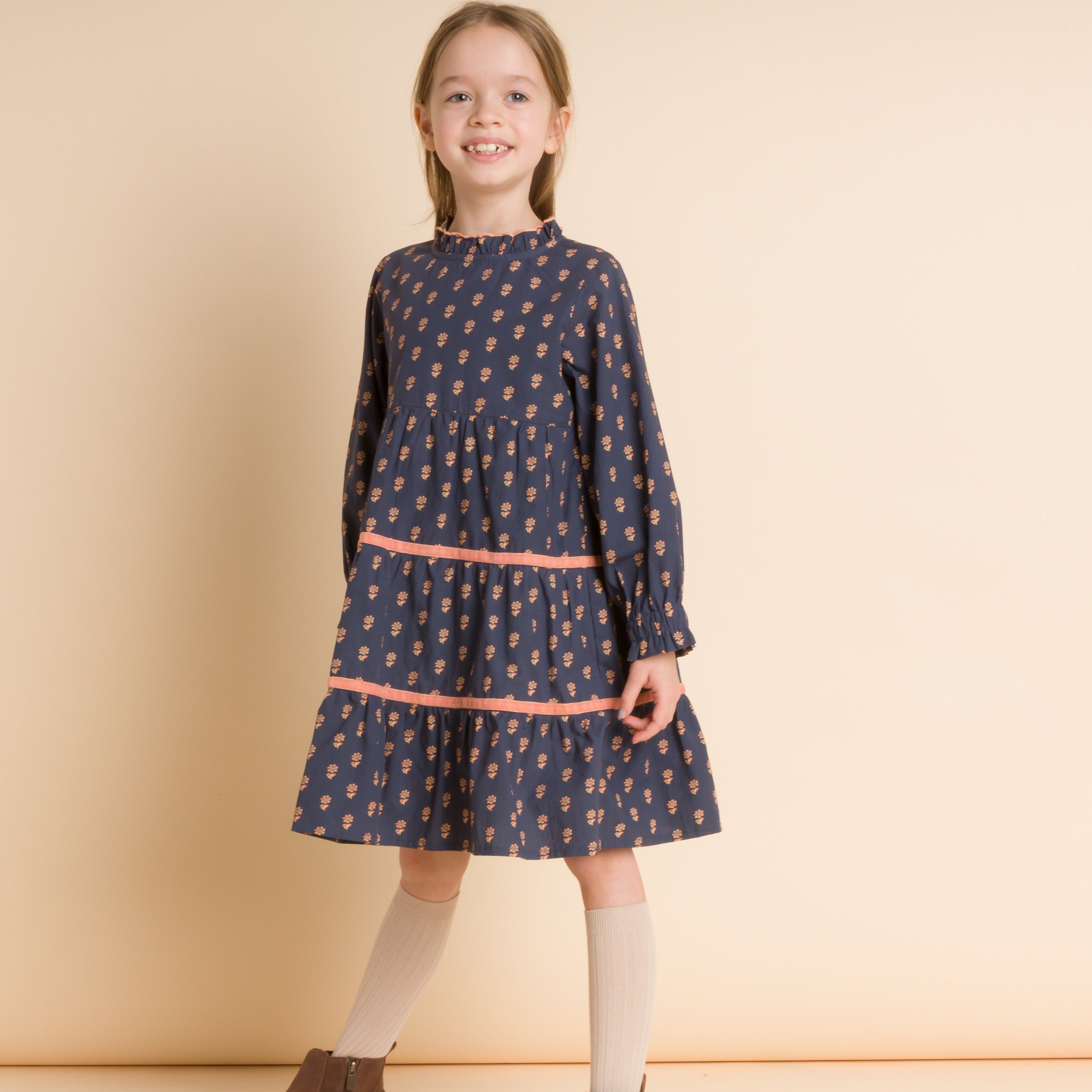 Girls' Long Sleeves Tiered Skirt Dress with Velvet Trim | Orange Floral