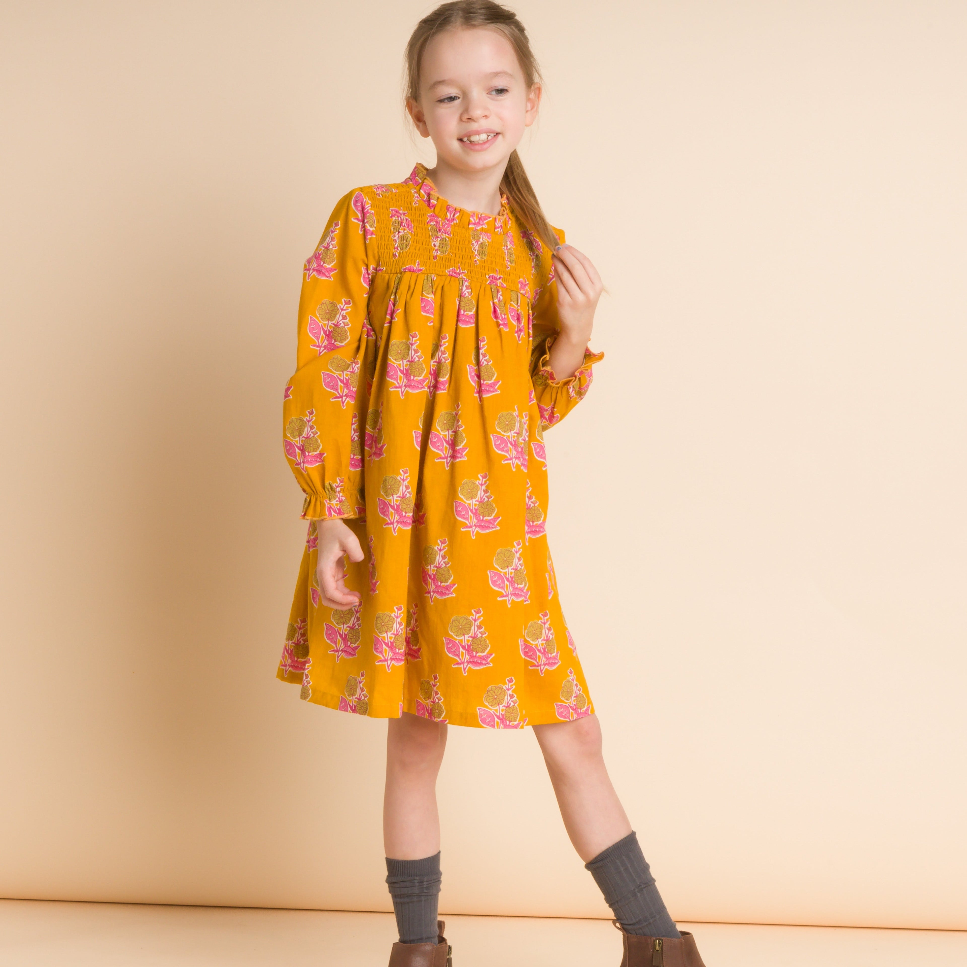 Girls' Smocked Long Sleeve Dress | Mustard and Pink