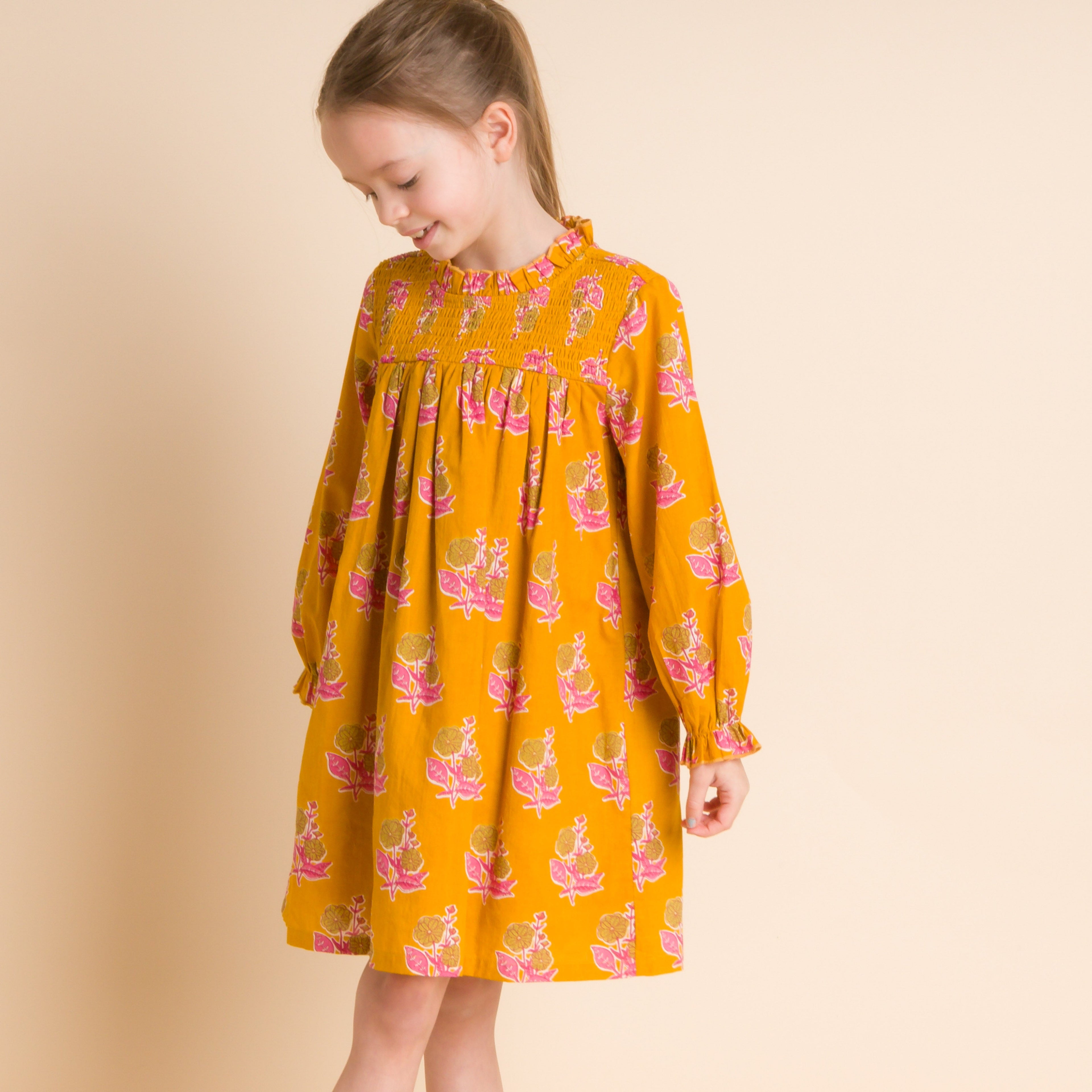 Girls' Smocked Long Sleeve Dress | Mustard and Pink