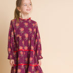 Girls' Long Sleeves Tiered Skirt Dress with Velvet Trim | Purple and Red