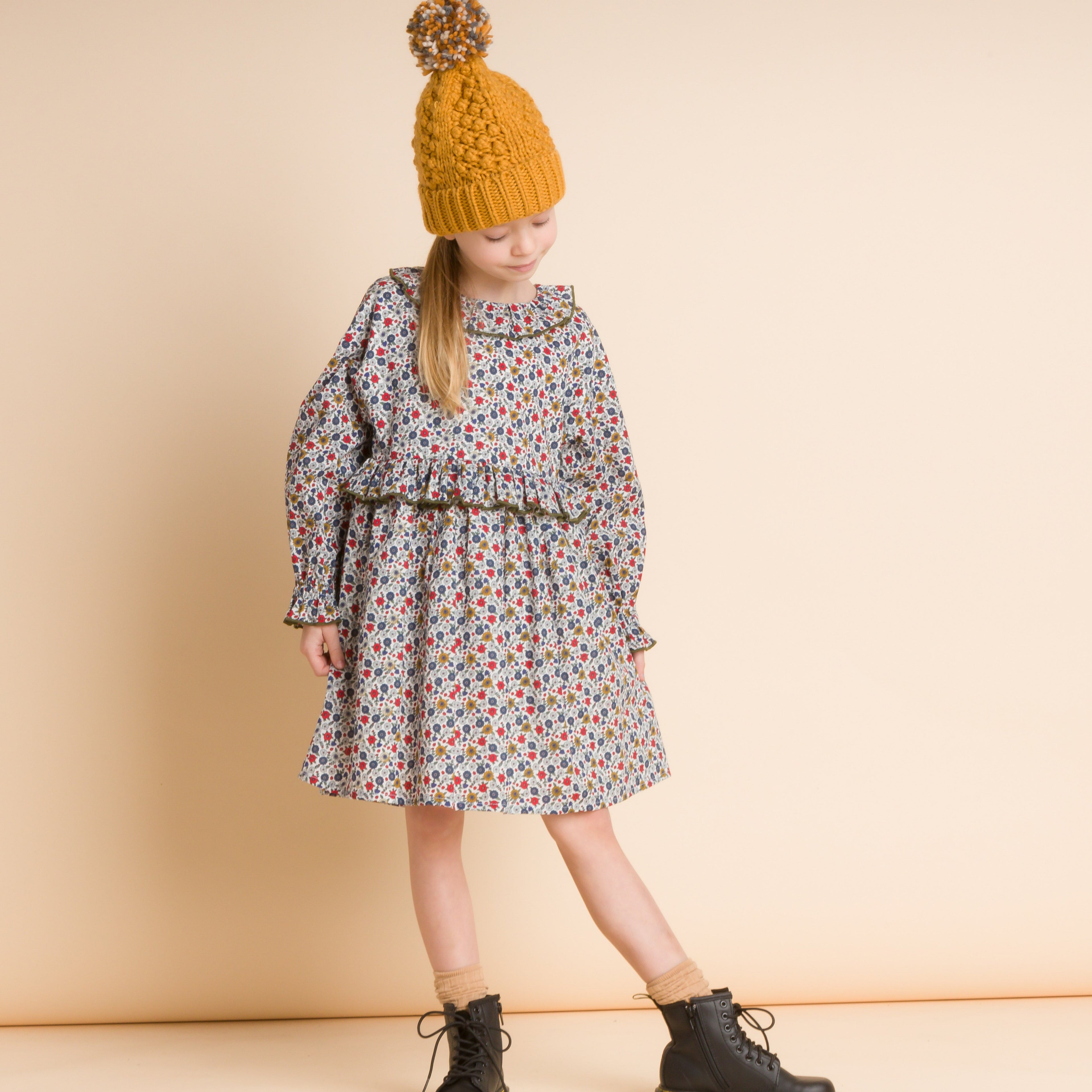 Girls' Ruffle Collar Long Sleeve Dress | Blue and Mustard Floral