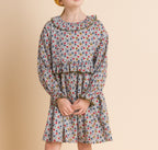 Girls' Ruffle Collar Long Sleeve Dress | Blue and Mustard Floral