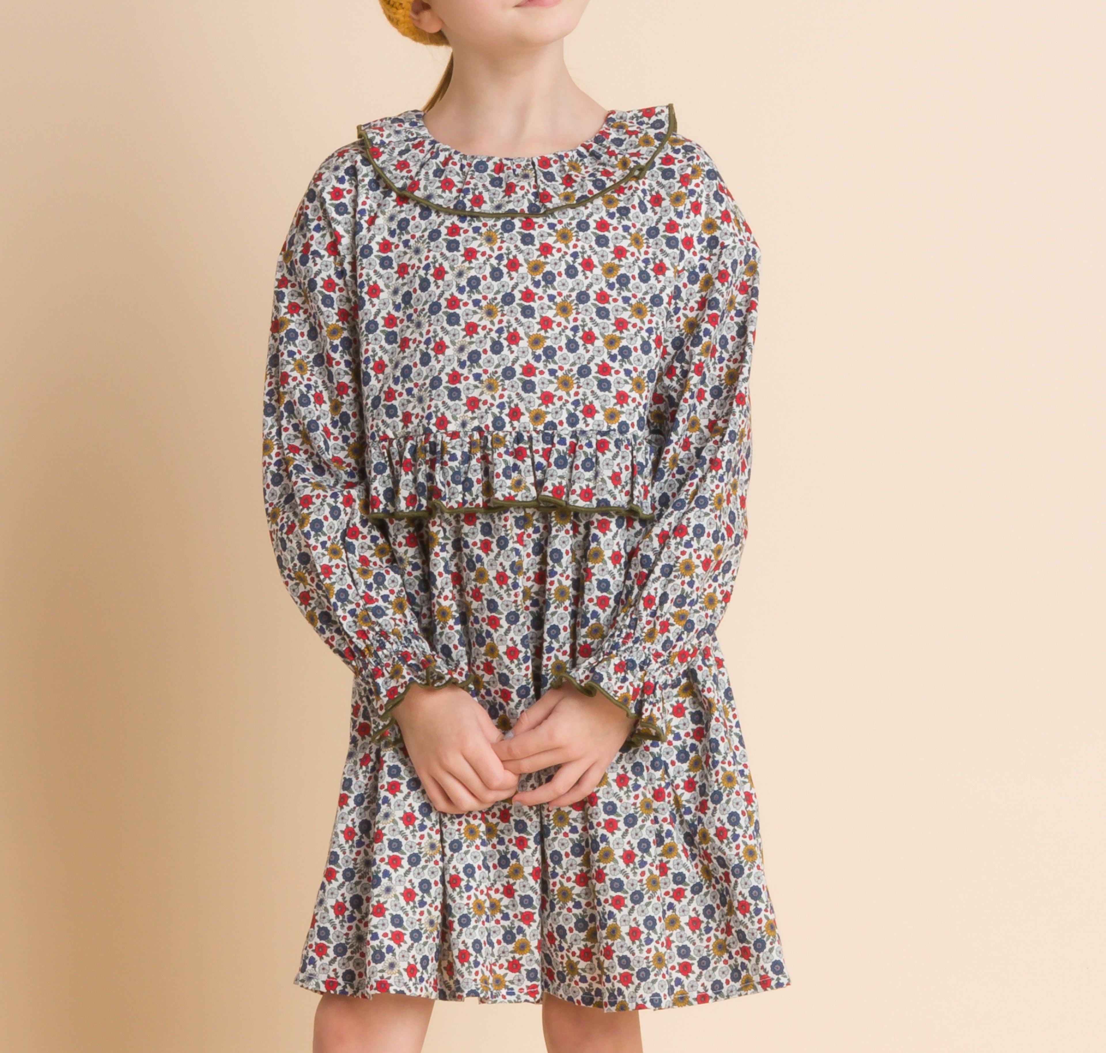 Girls' Ruffle Collar Long Sleeve Dress | Blue and Mustard Floral