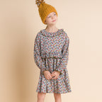 Girls' Ruffle Collar Long Sleeve Dress | Blue and Mustard Floral