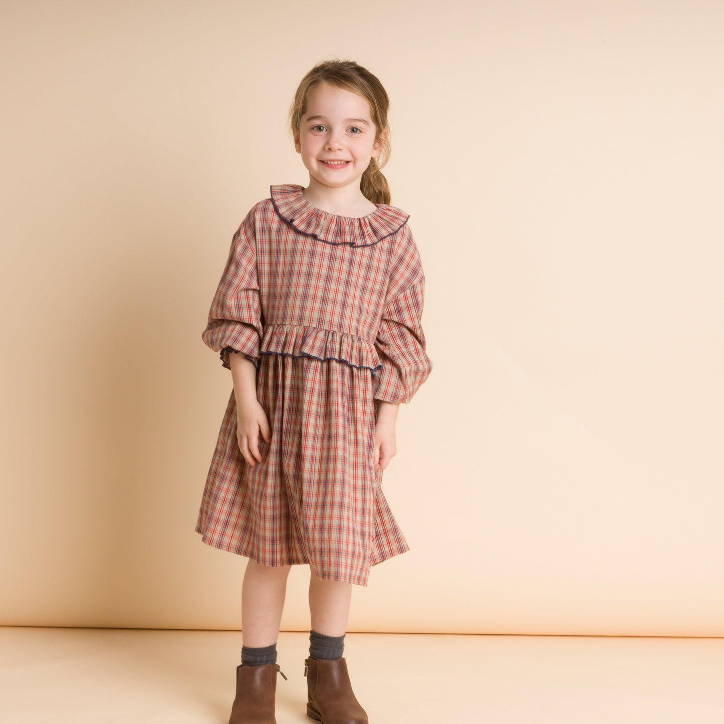 Girls' Ruffle Collar Long Sleeve Dress | Red and Blue Check