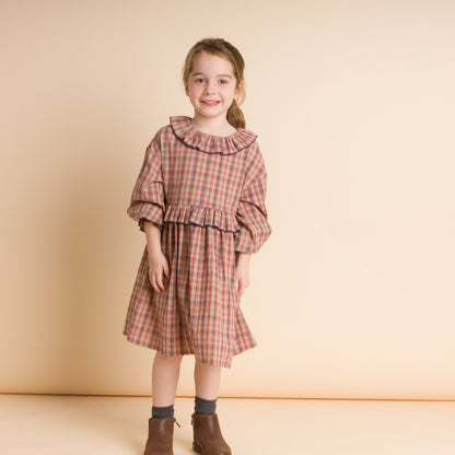 Girls' Ruffle Collar Long Sleeve Dress | Red and Blue Check