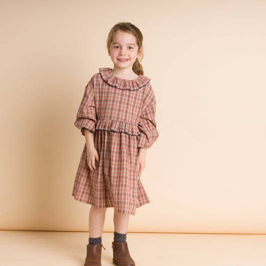 Girls' Ruffle Collar Long Sleeve Dress | Red and Blue Check