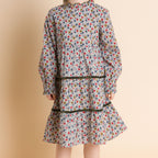 Girls' Long Sleeves Tiered Skirt Dress with Velvet Trim | Blue and Mustard