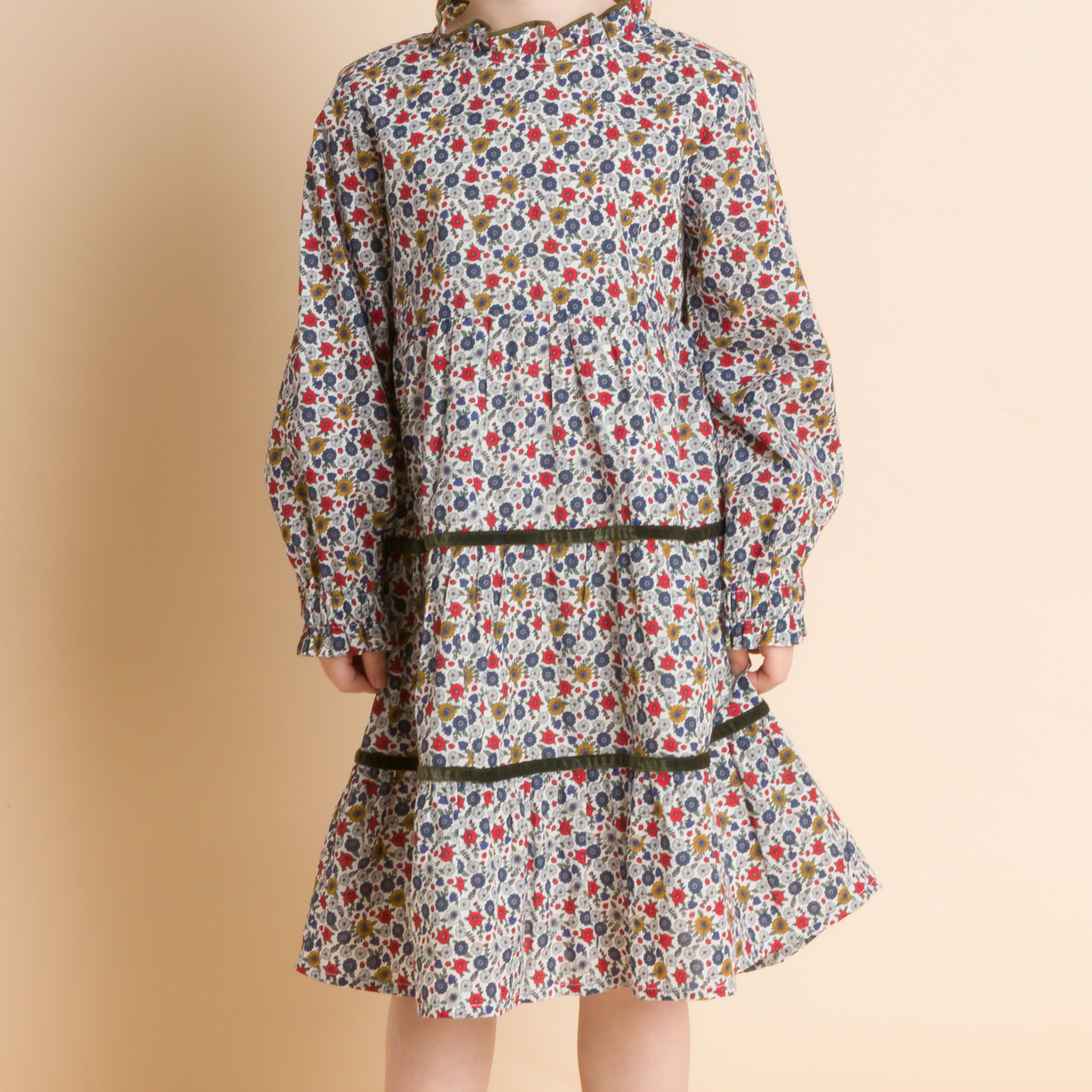 Girls' Long Sleeves Tiered Skirt Dress with Velvet Trim | Blue and Mustard