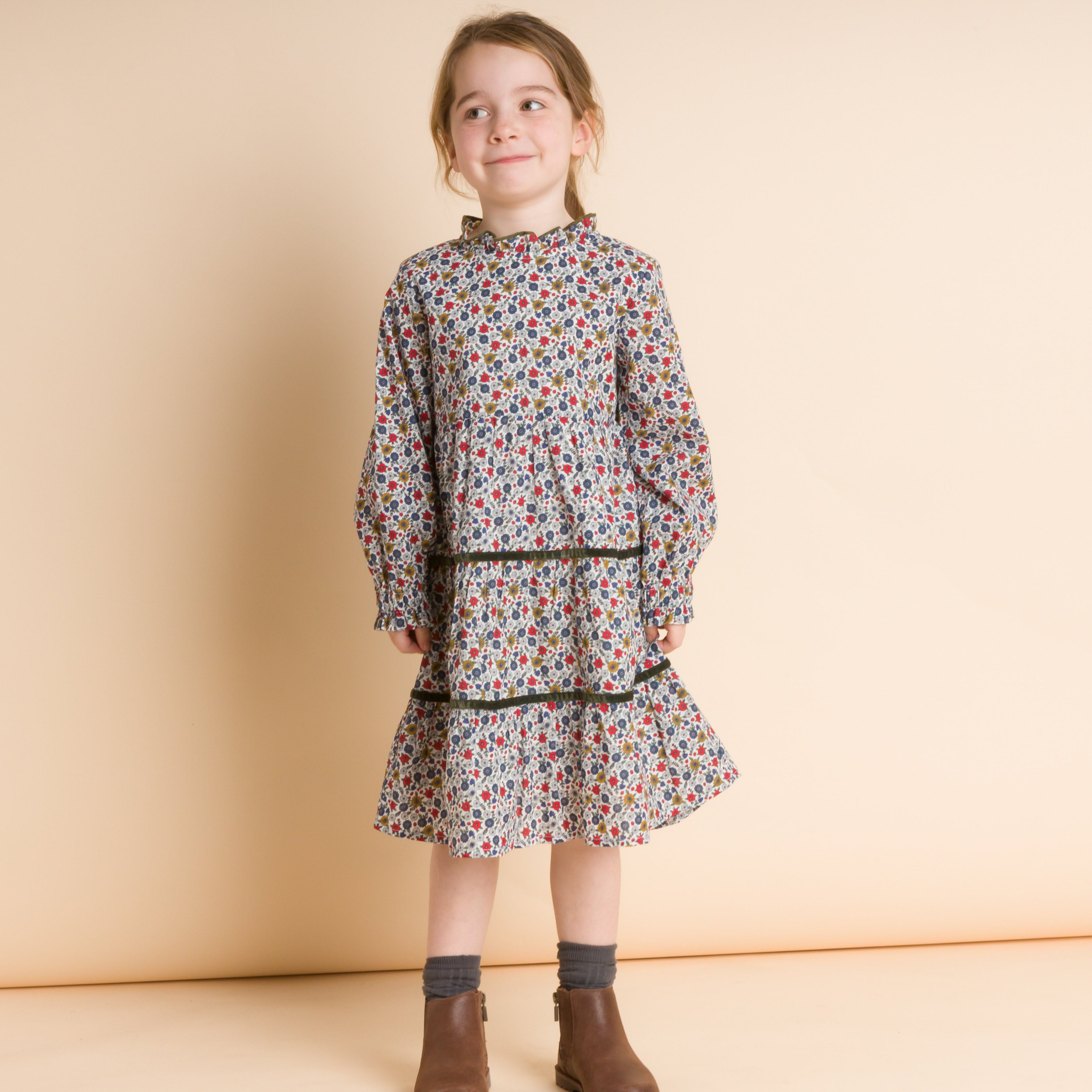 Girls' Long Sleeves Tiered Skirt Dress with Velvet Trim | Blue and Mustard