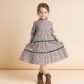 Girls' Long Sleeves Tiered Skirt Dress with Velvet Trim | Blue and Mustard