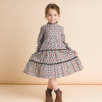 Girls' Long Sleeves Tiered Skirt Dress with Velvet Trim | Blue and Mustard