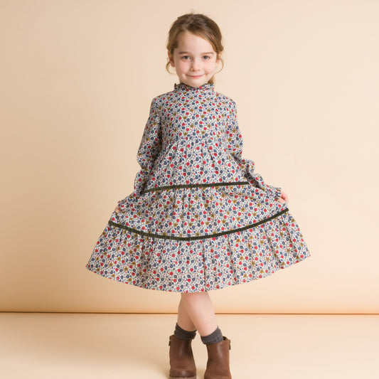 Girls' Long Sleeves Tiered Skirt Dress with Velvet Trim | Blue and Mustard