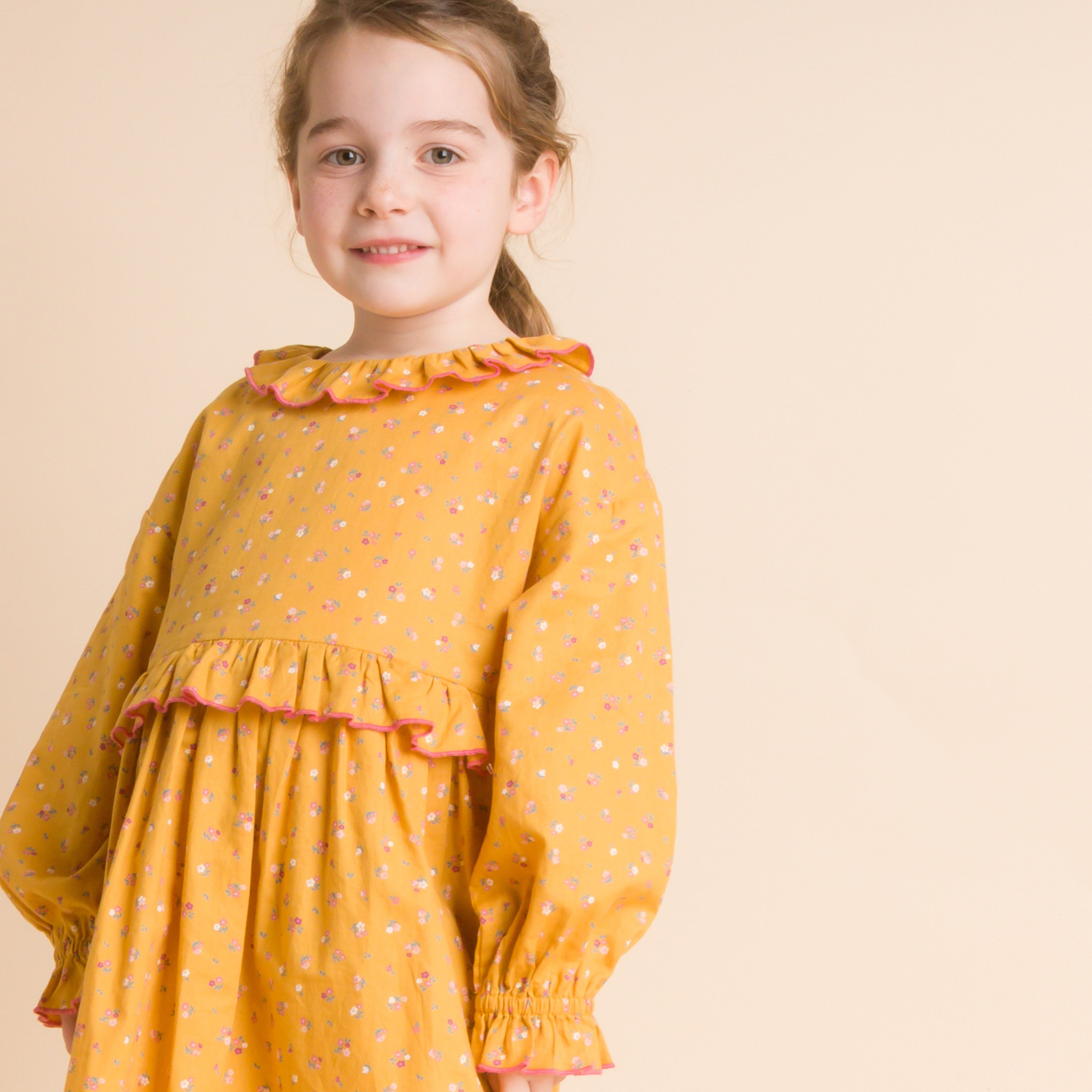 Girls' Ruffle Collar Long Sleeve Dress | Mustard and Pink
