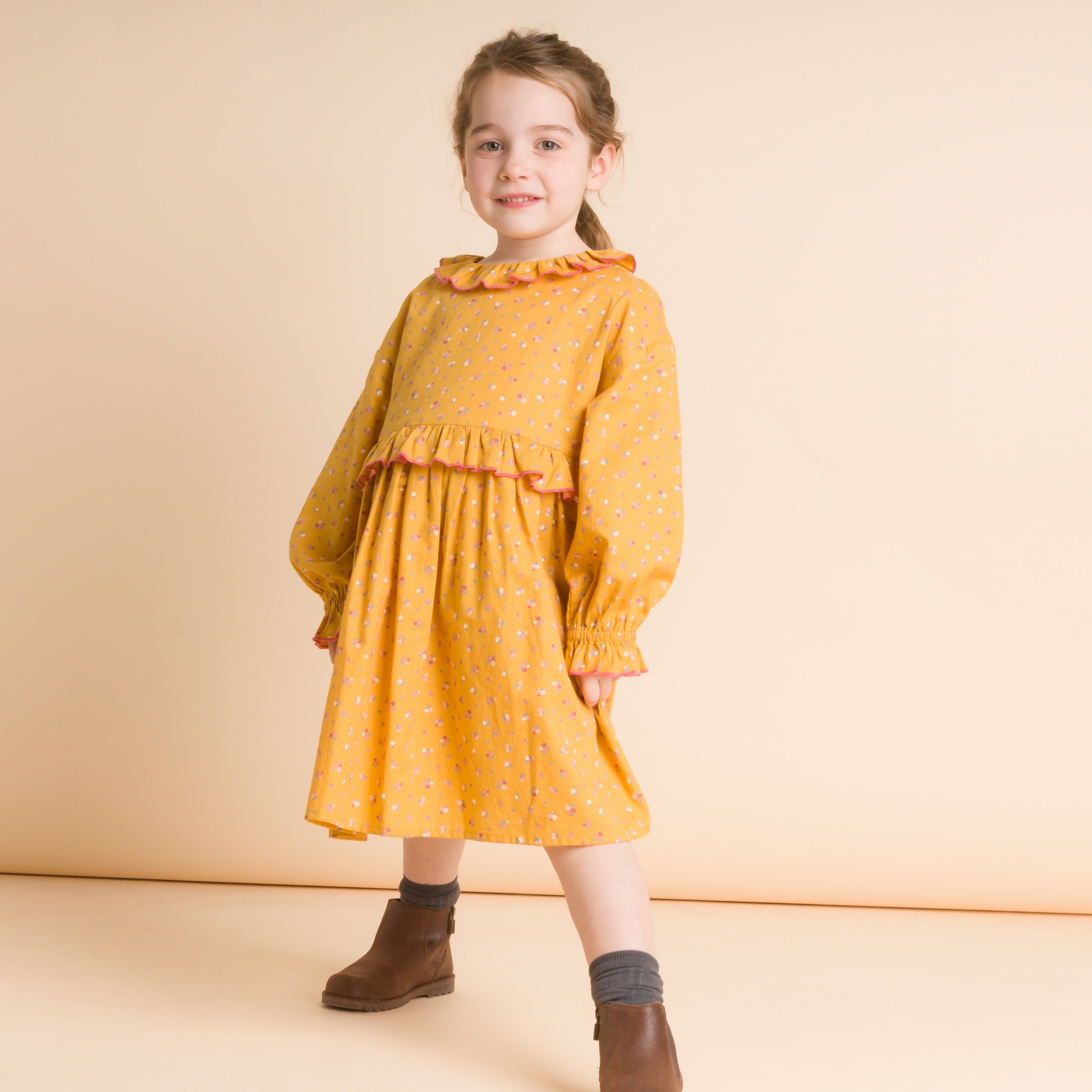 Girls' Ruffle Collar Long Sleeve Dress | Mustard and Pink