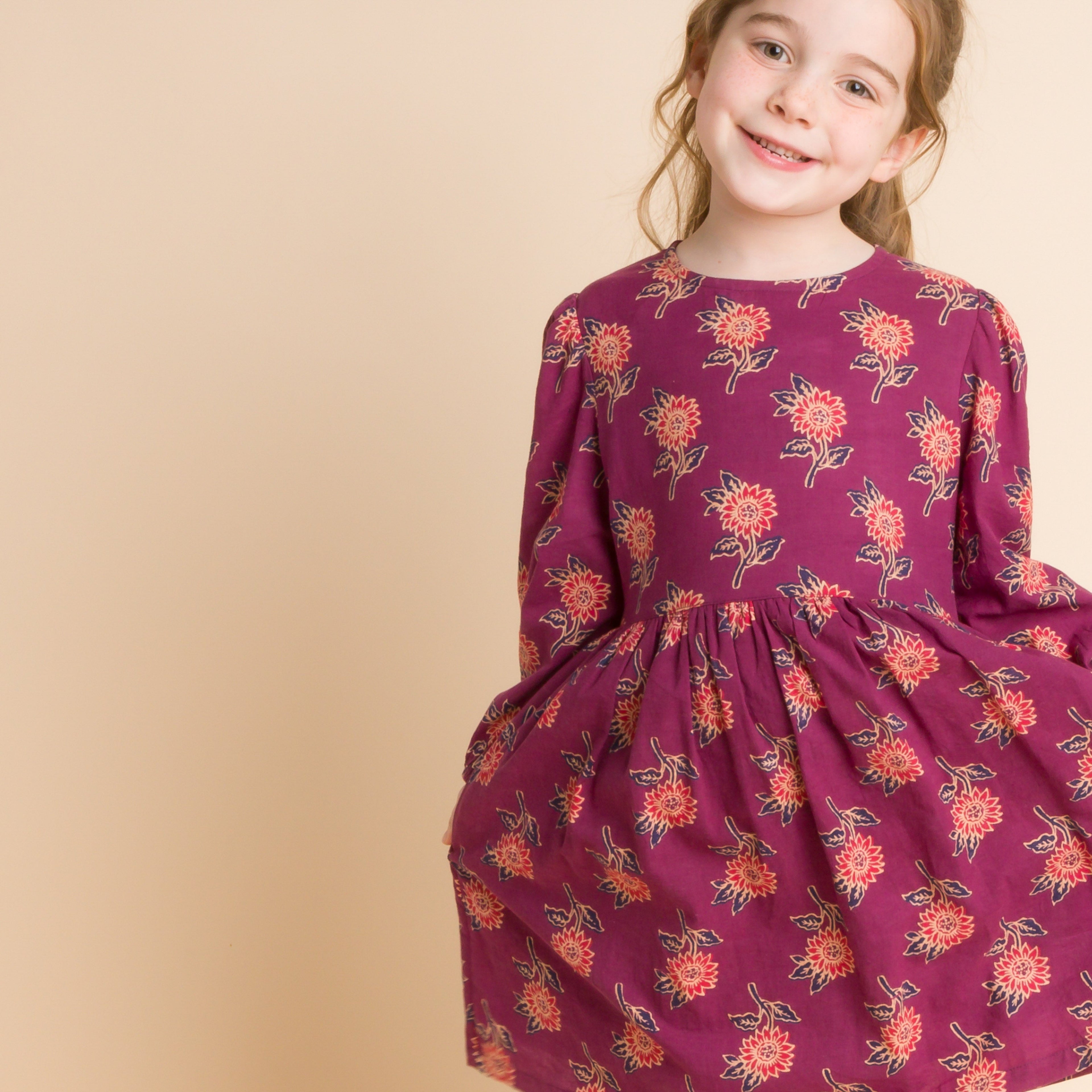 Girls' Long Sleeve Dress with Floral Motif | Purple & Red