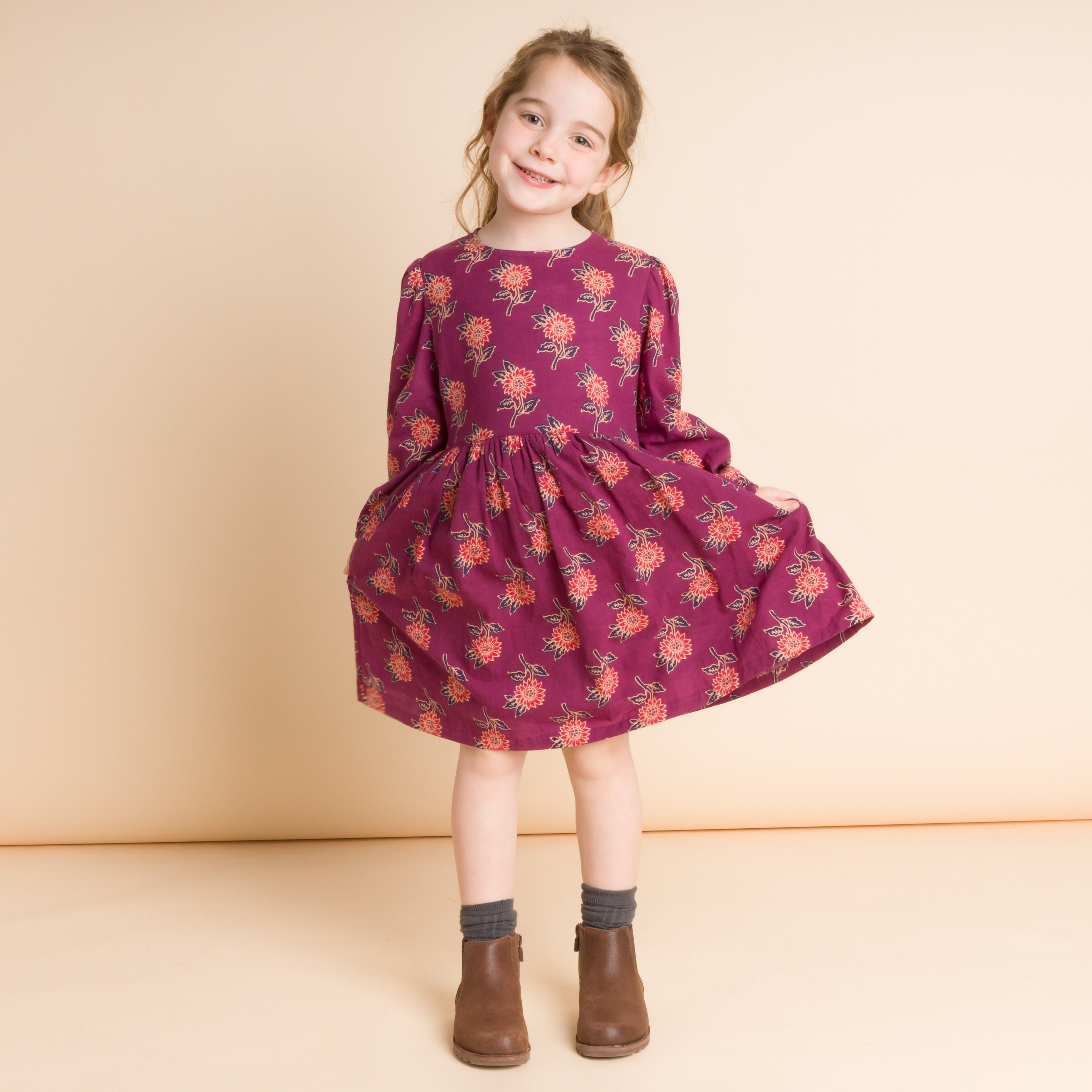 Girls' Long Sleeve Dress with Floral Motif | Purple & Red