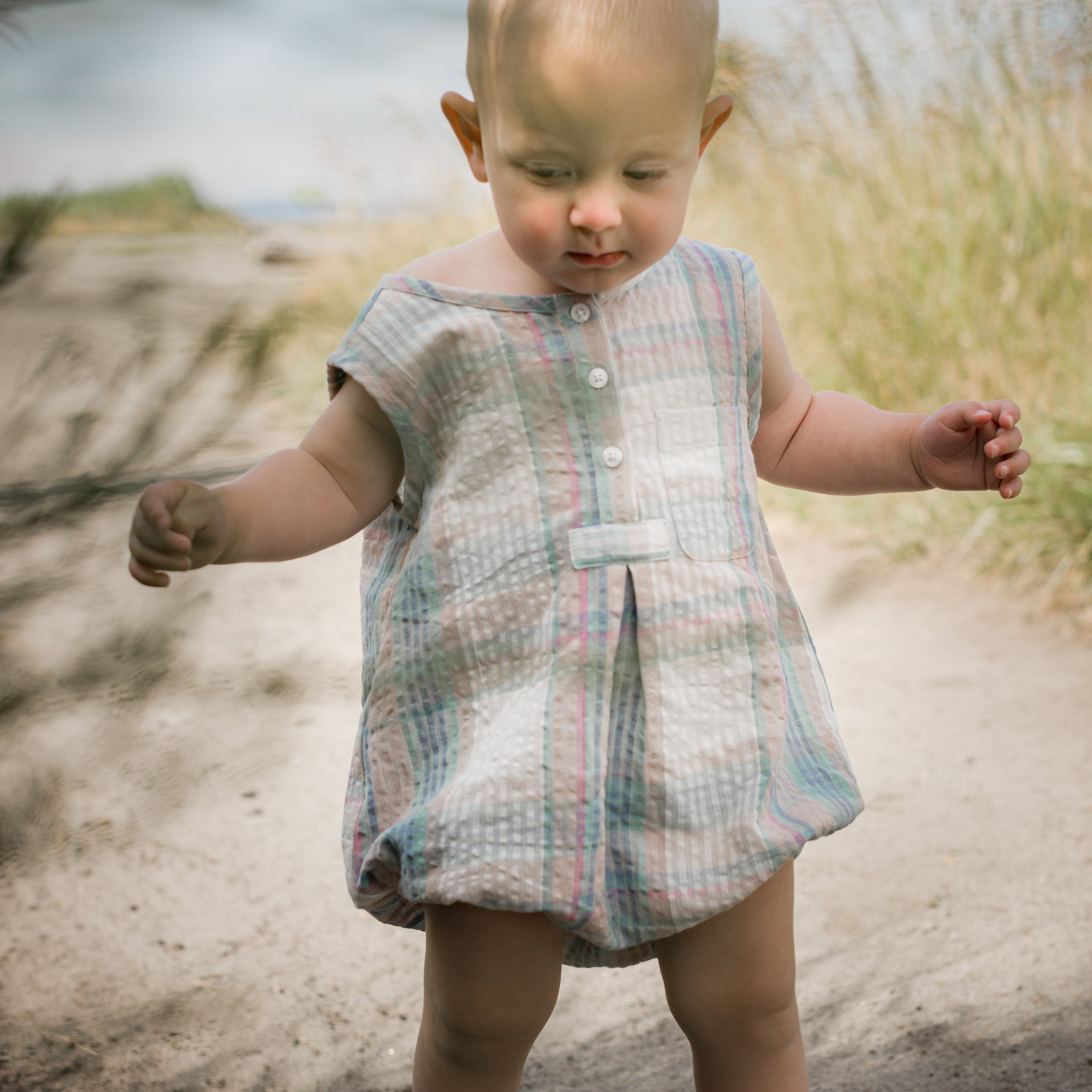 Baby Boy Artic Blue Seersucker Bubble Romper