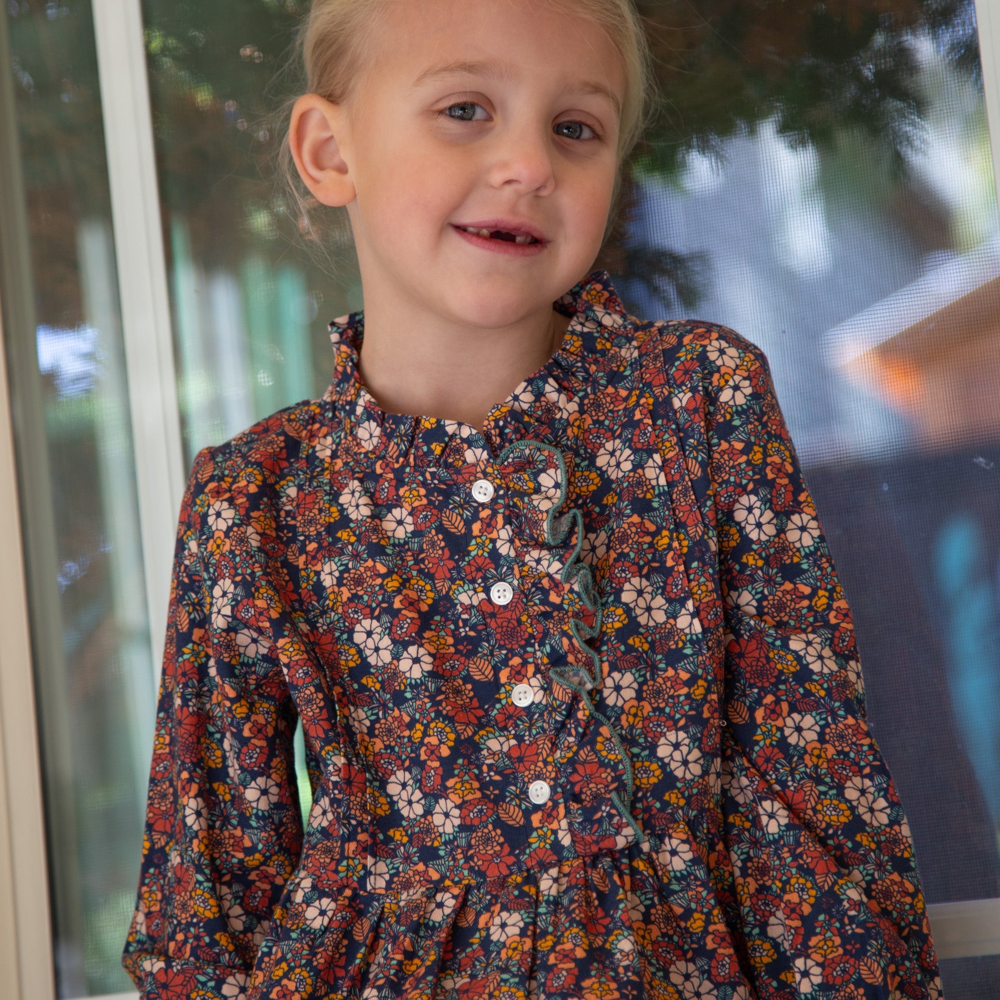 Girls Long Sleeves Dress with Front Ruffle | Garden Confetti