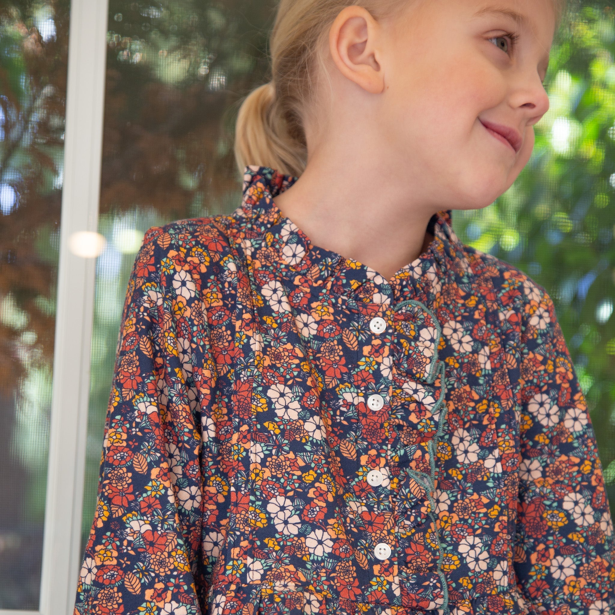 Girls Long Sleeves Dress with Front Ruffle | Garden Confetti