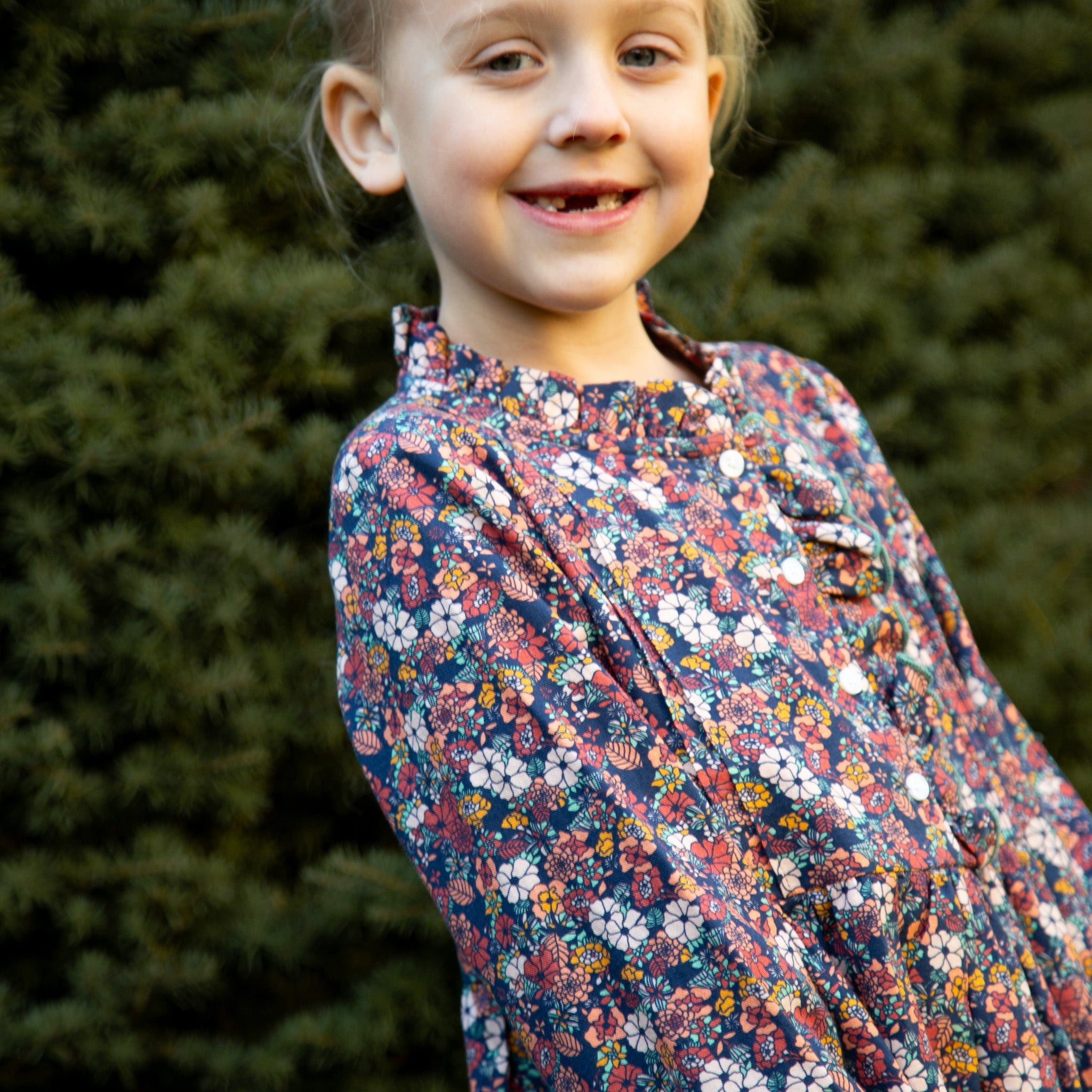 Girls Long Sleeves Dress with Front Ruffle | Garden Confetti