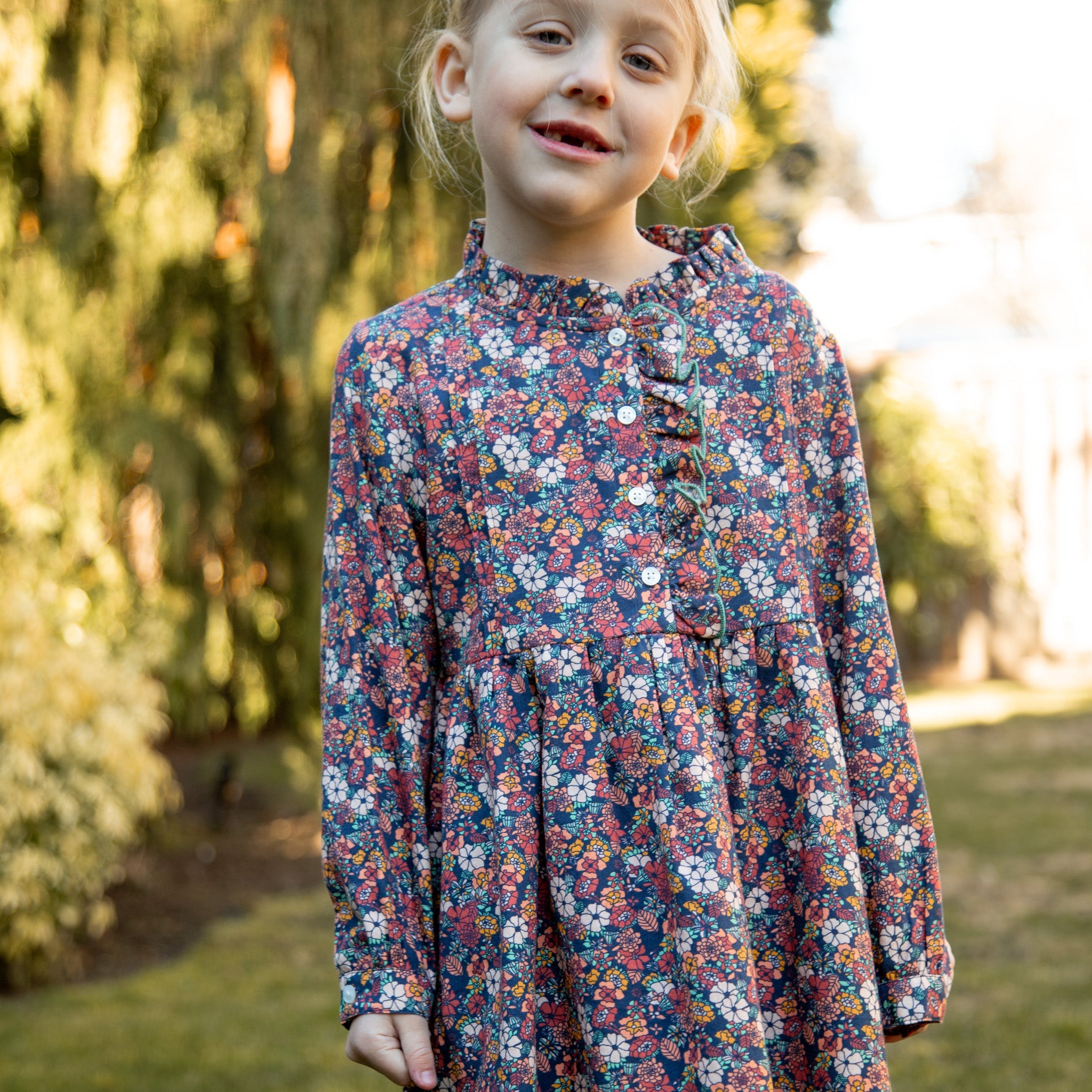Girls Long Sleeves Dress with Front Ruffle | Garden Confetti