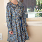 Girls Adelaide Velvet Tie Dress | Blue and Mustard Wildflowers
