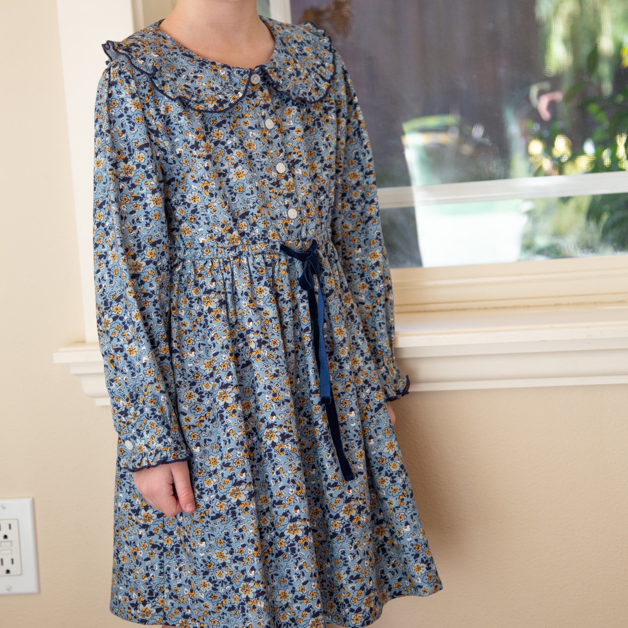 Girls Adelaide Velvet Tie Dress | Blue and Mustard Wildflowers