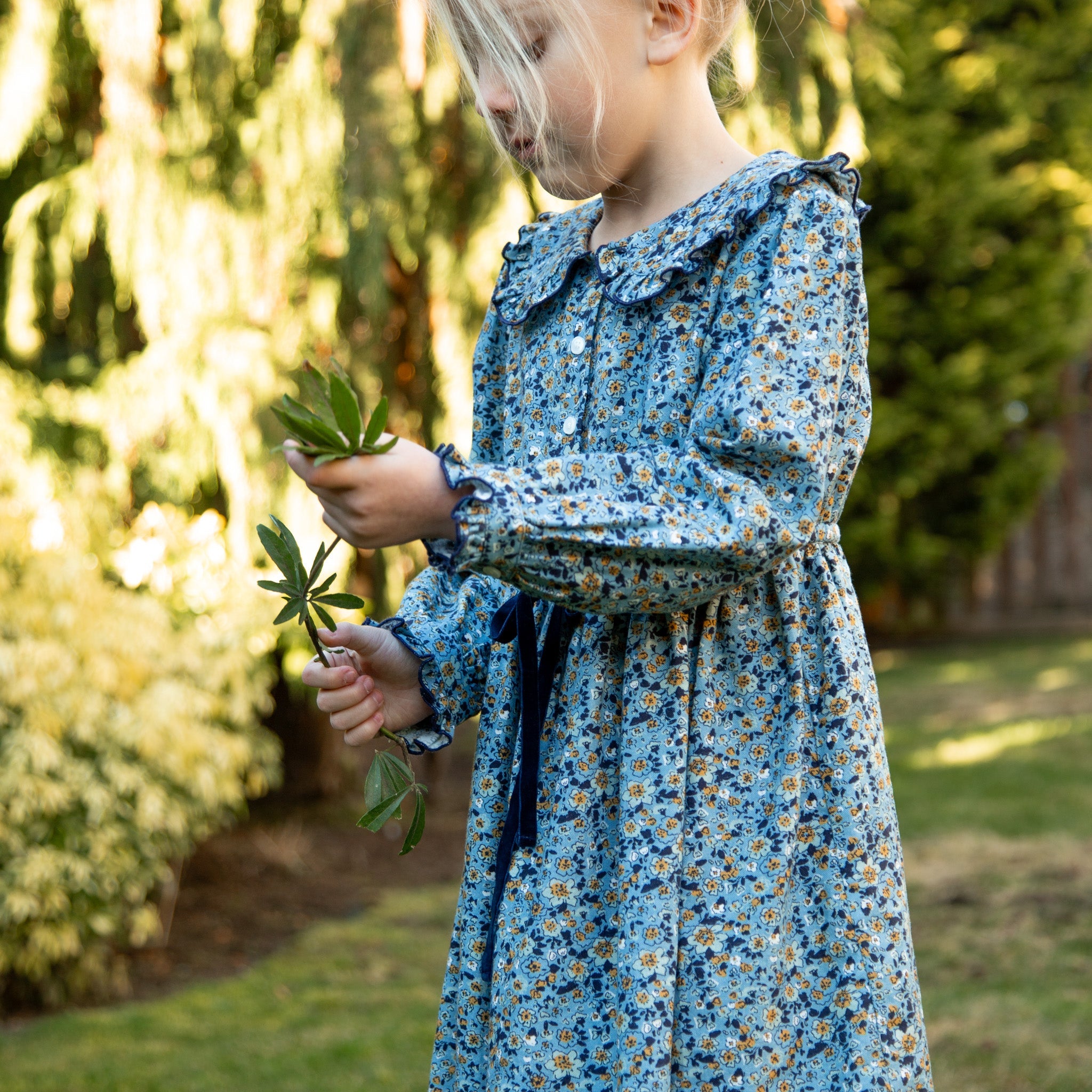 Girls Adelaide Velvet Tie Dress | Blue and Mustard Wildflowers