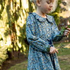 Girls Adelaide Velvet Tie Dress | Blue and Mustard Wildflowers