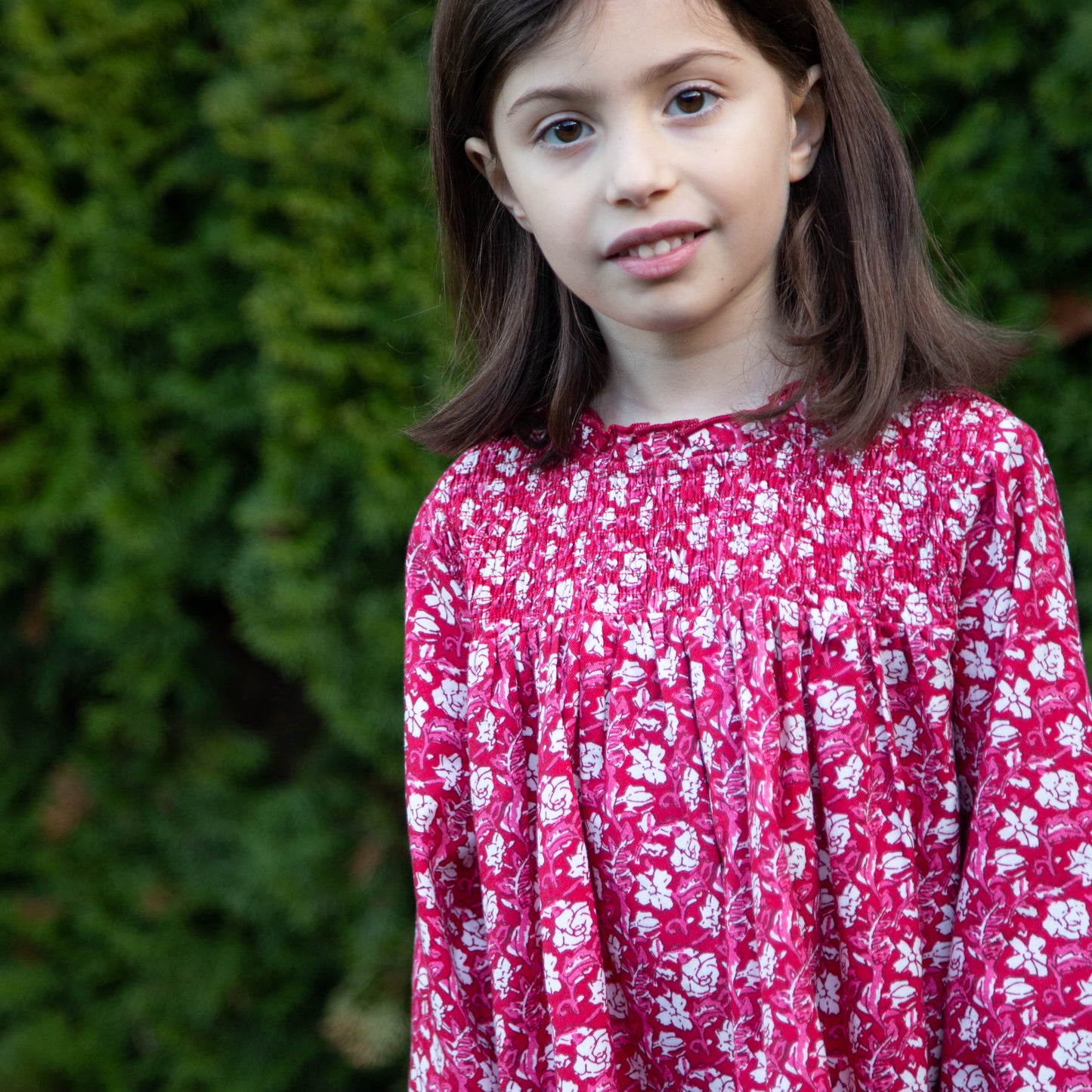 Girls' Smocked Long Sleeves Dress | Red and White Floral