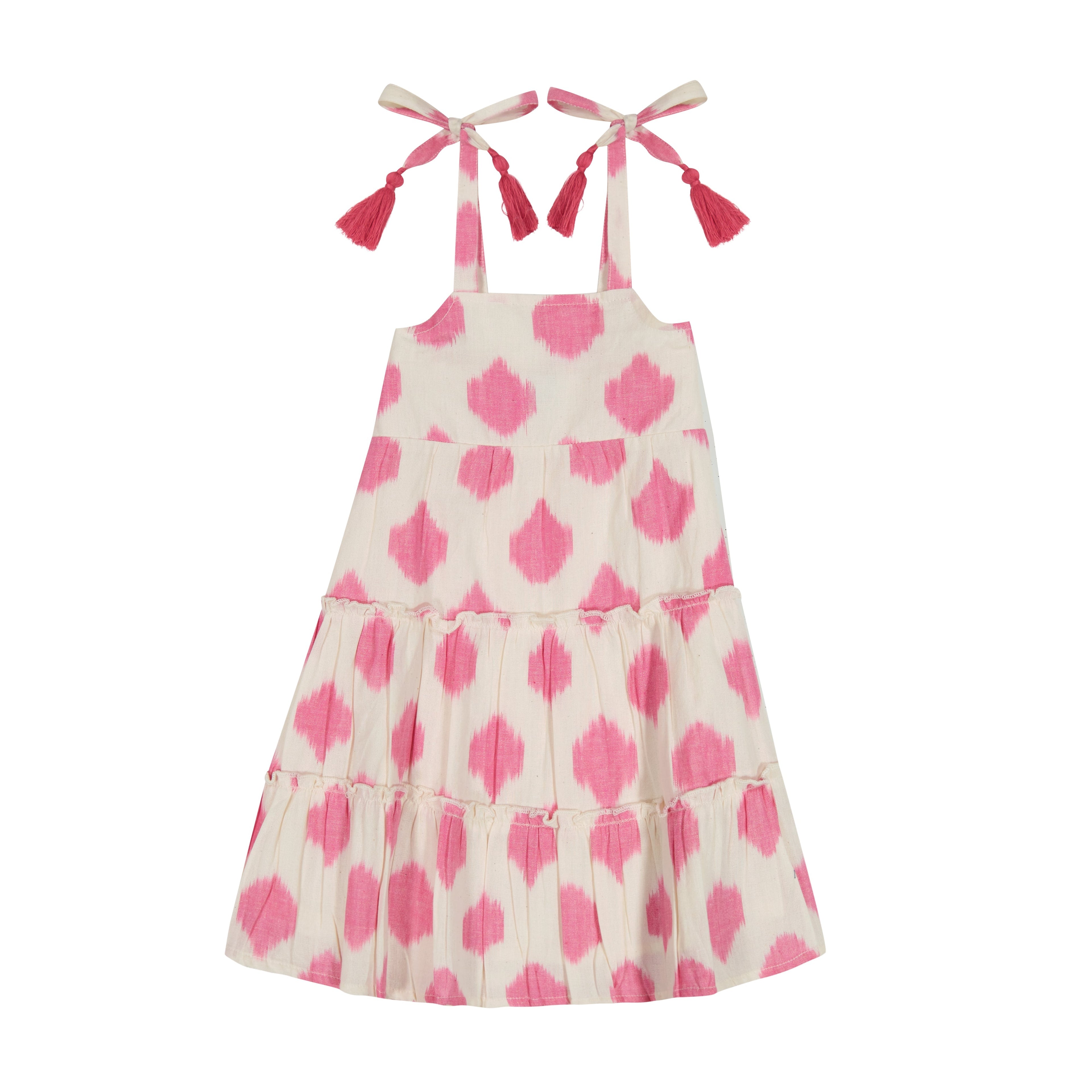 Bella Girls Shoulder Tie Sundress White Pink Ikat