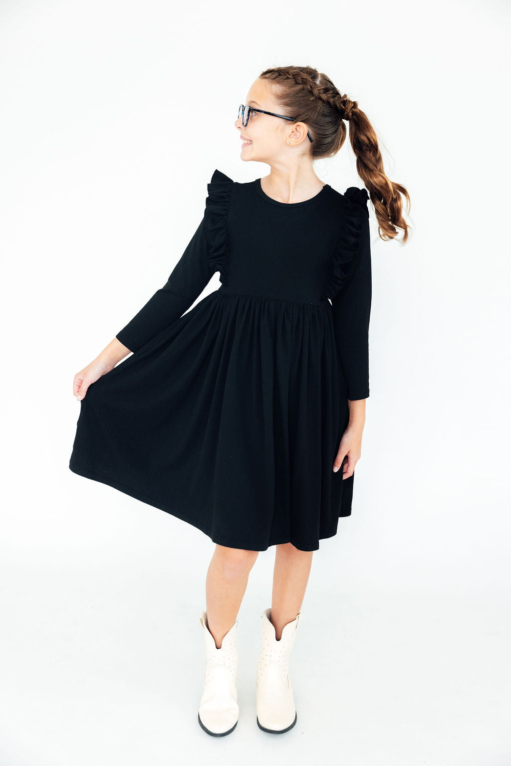 Black Long Sleeve Ruffle Twirl Dress
