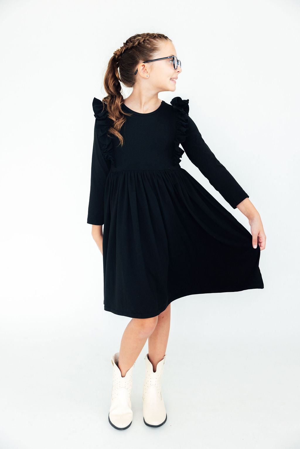 Black Long Sleeve Ruffle Twirl Dress