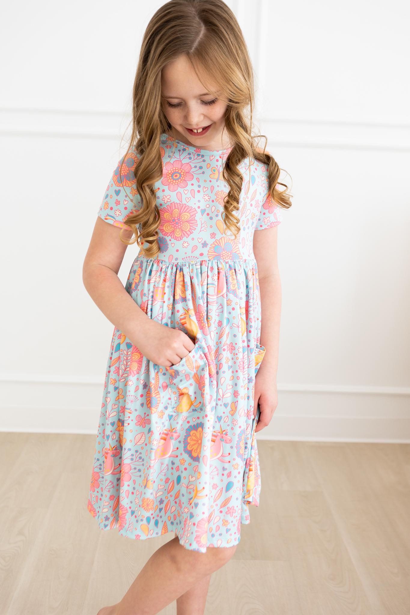 Girls Blue Retro Unicorn Twirl Dress with Pockets