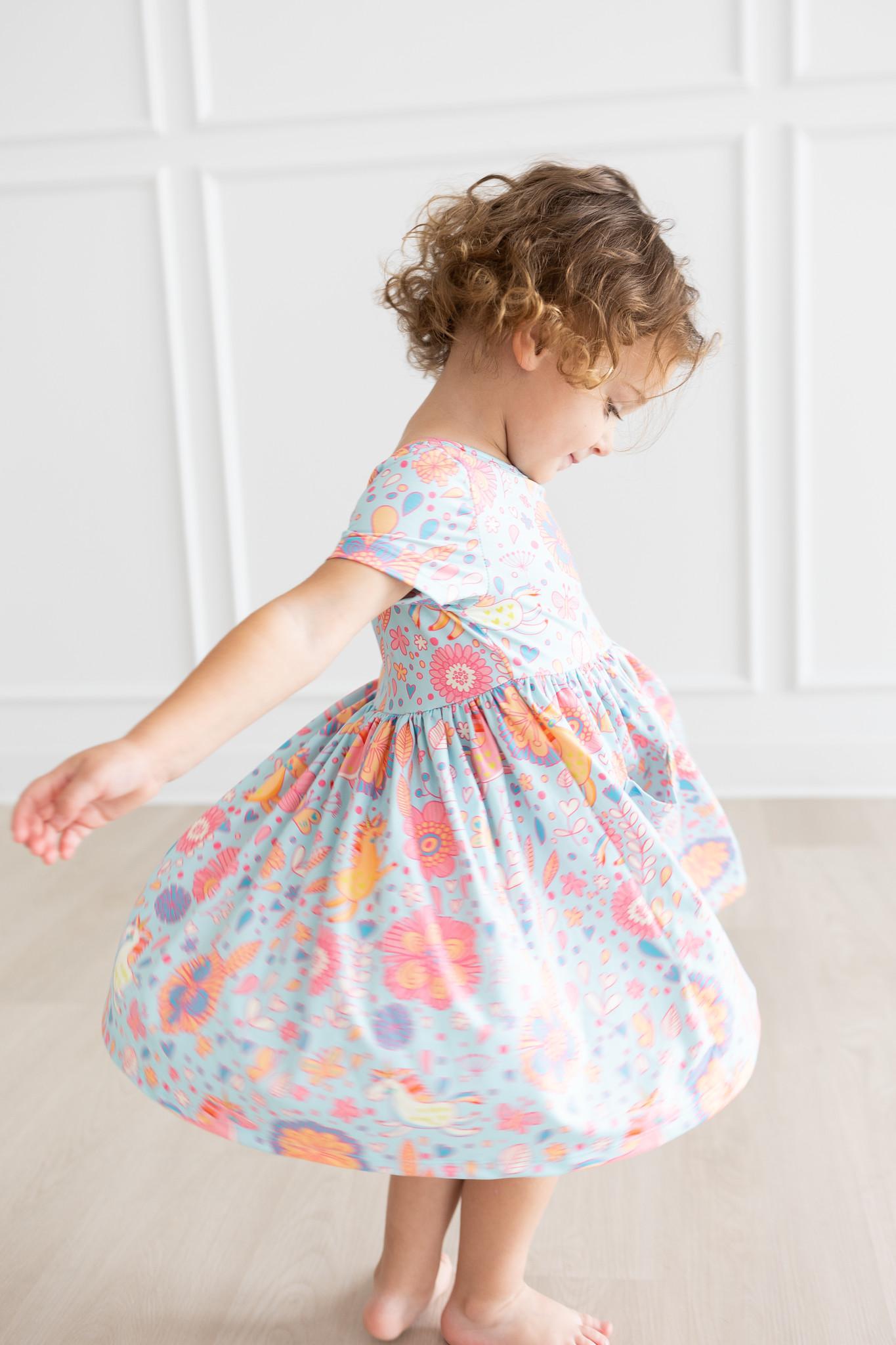 Girls Blue Retro Unicorn Twirl Dress with Pockets