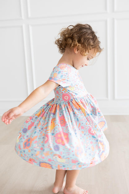 Girls Blue Retro Unicorn Twirl Dress with Pockets